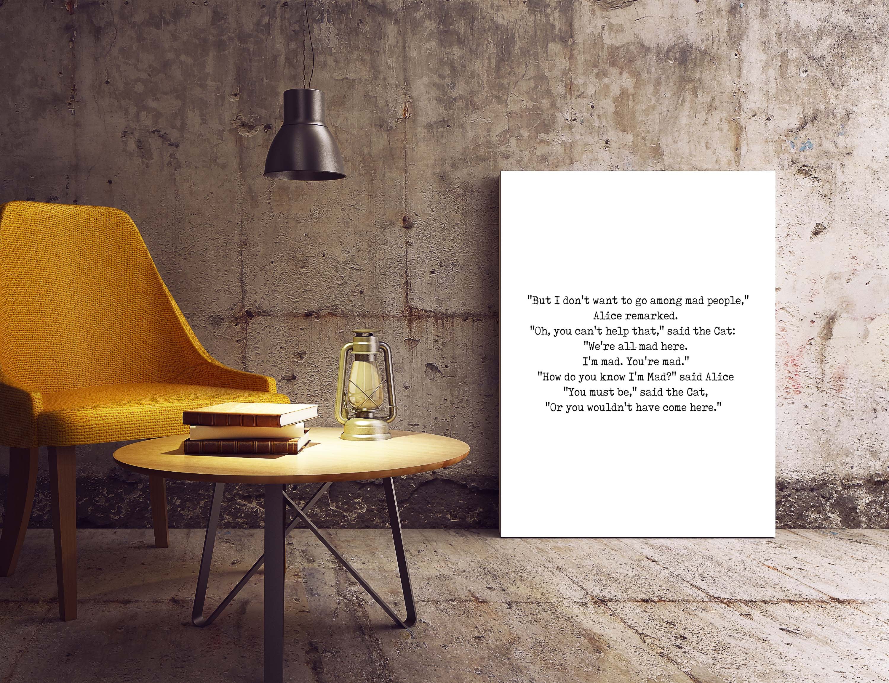 We're All Mad Here Wall Art Print from Alice in Wonderland, Lewis Carroll Quote Print for Black & White Office wall art Unframed - BookQuoteDecor