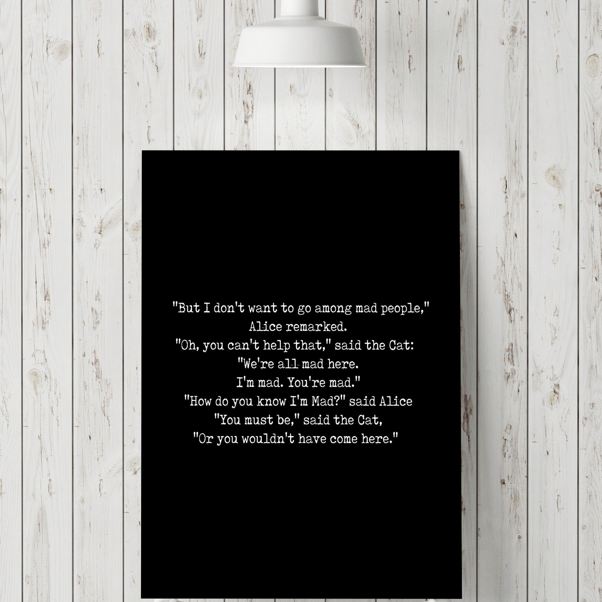 We're All Mad Here Wall Art Print, Alice in Wonderland Lewis Carroll Quote Print for Black & White Office Wall Art