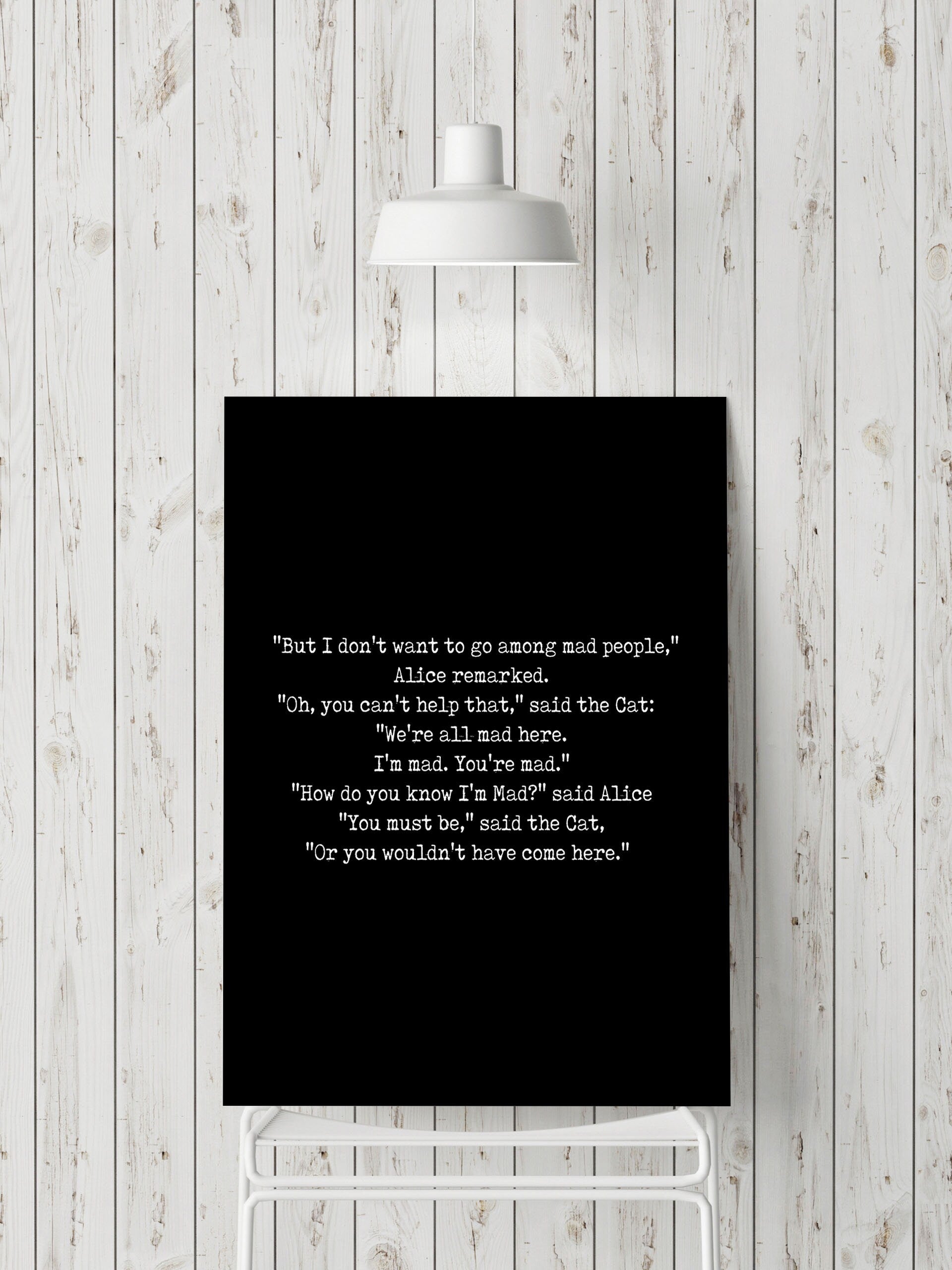 We're All Mad Here Wall Art Print, Alice in Wonderland Lewis Carroll Quote Print for Black & White Office Wall Art