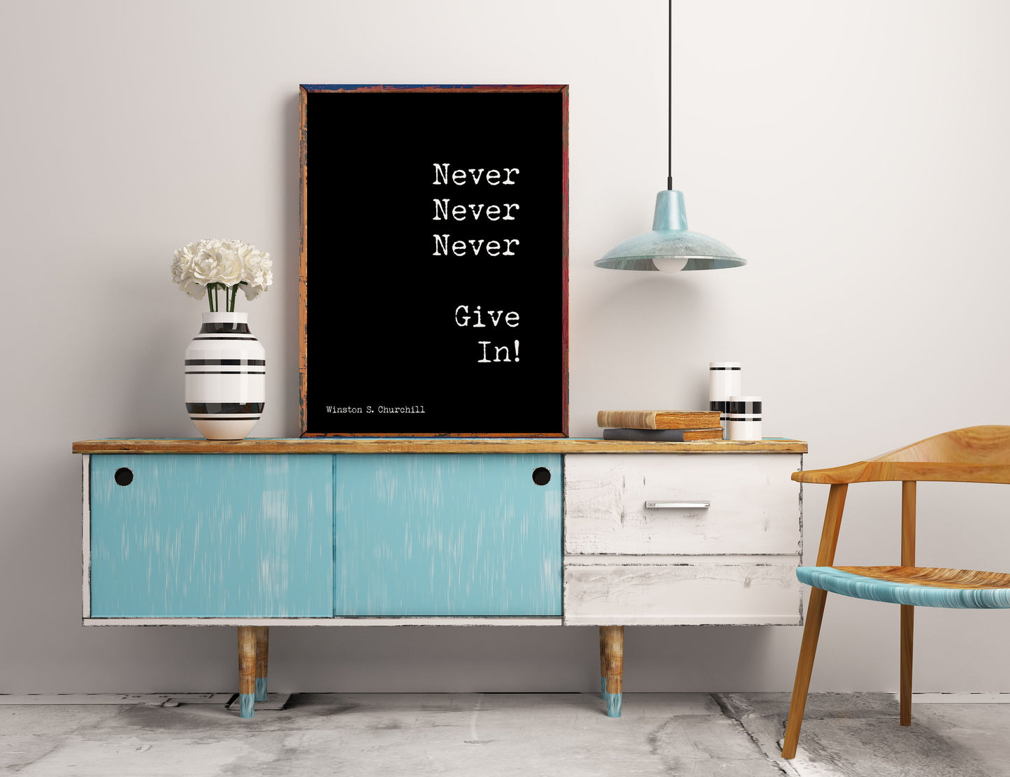 Winston Churchill Never Give In Motivational Poster, Modern Minimalist Art Inspirational Print