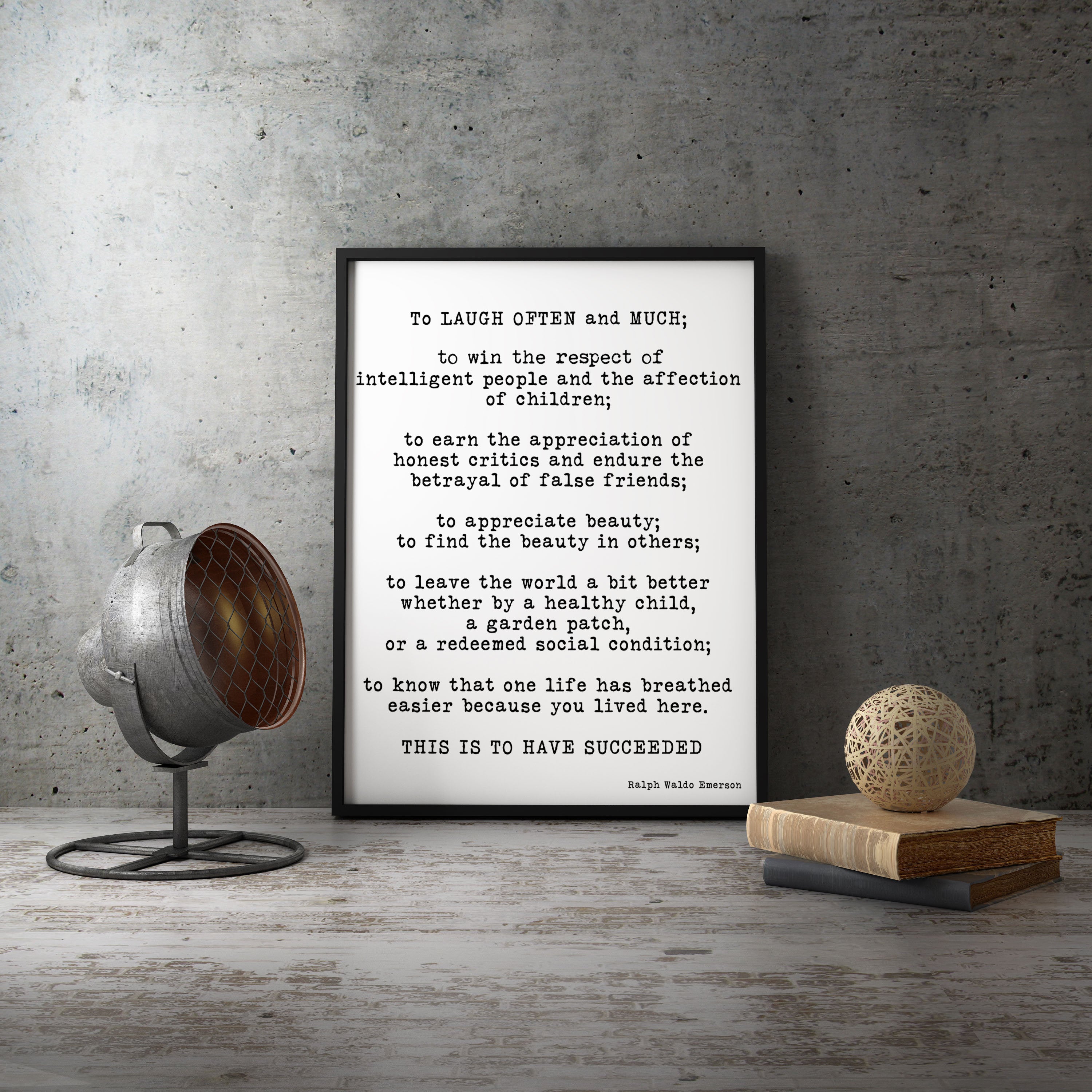 Ralph Waldo Emerson Framed Art -Inspirational Quote Print Featuring A Emerson Quote, Black & White Wall Art Quote Print, My Wish For You - BookQuoteDecor