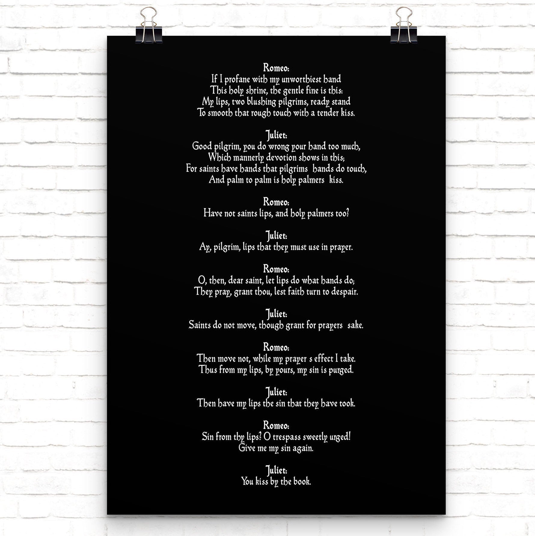 Romeo & Juliet Shakespeare Print, Black and White Art, Shakespeare Quote You Kiss By The Book Love Print, Romantic Wall Print Unframed - BookQuoteDecor