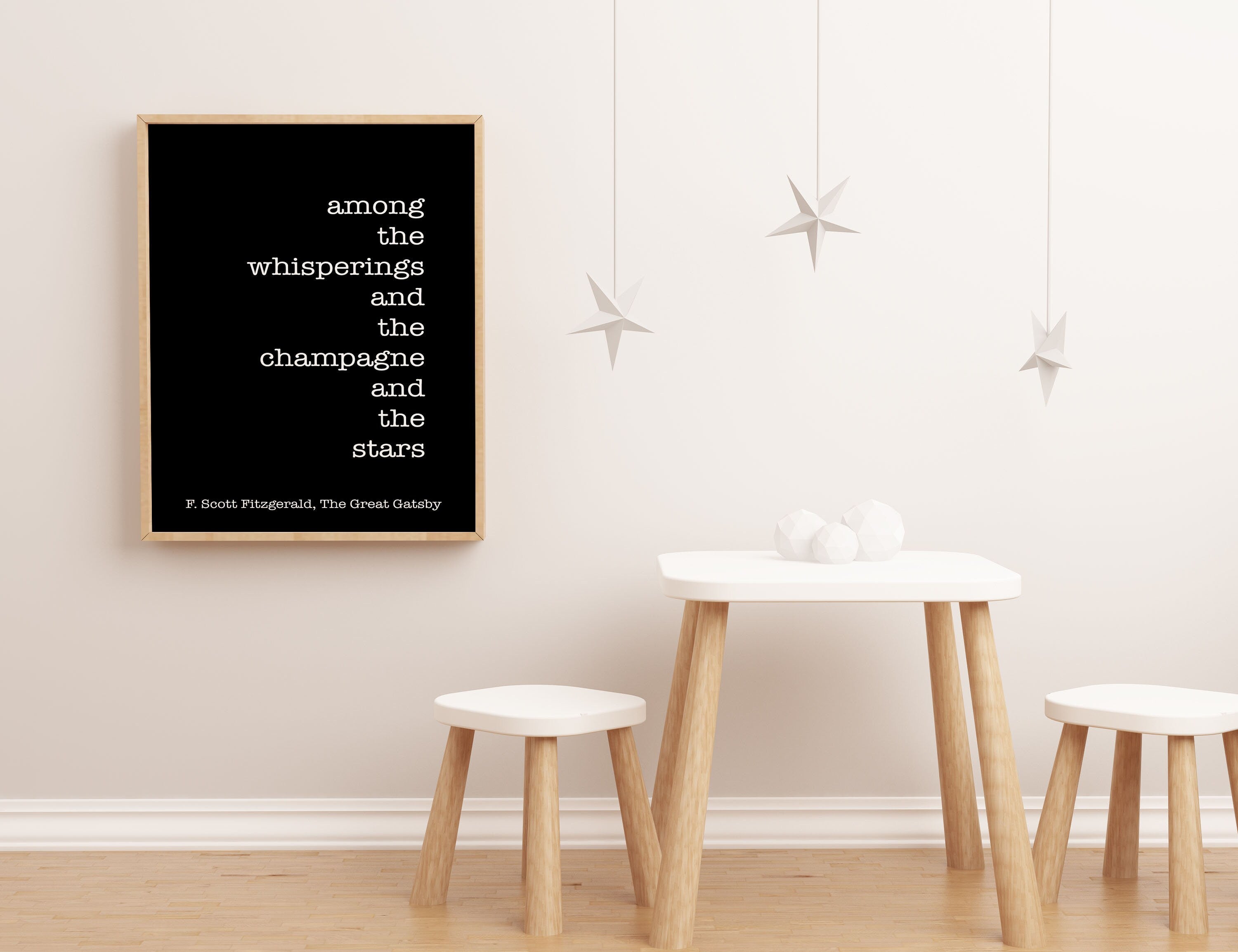 F Scott Fitzgerald Champagne and Stars Quote Inspirational Print in Black & White or Color, Framed or Unframed