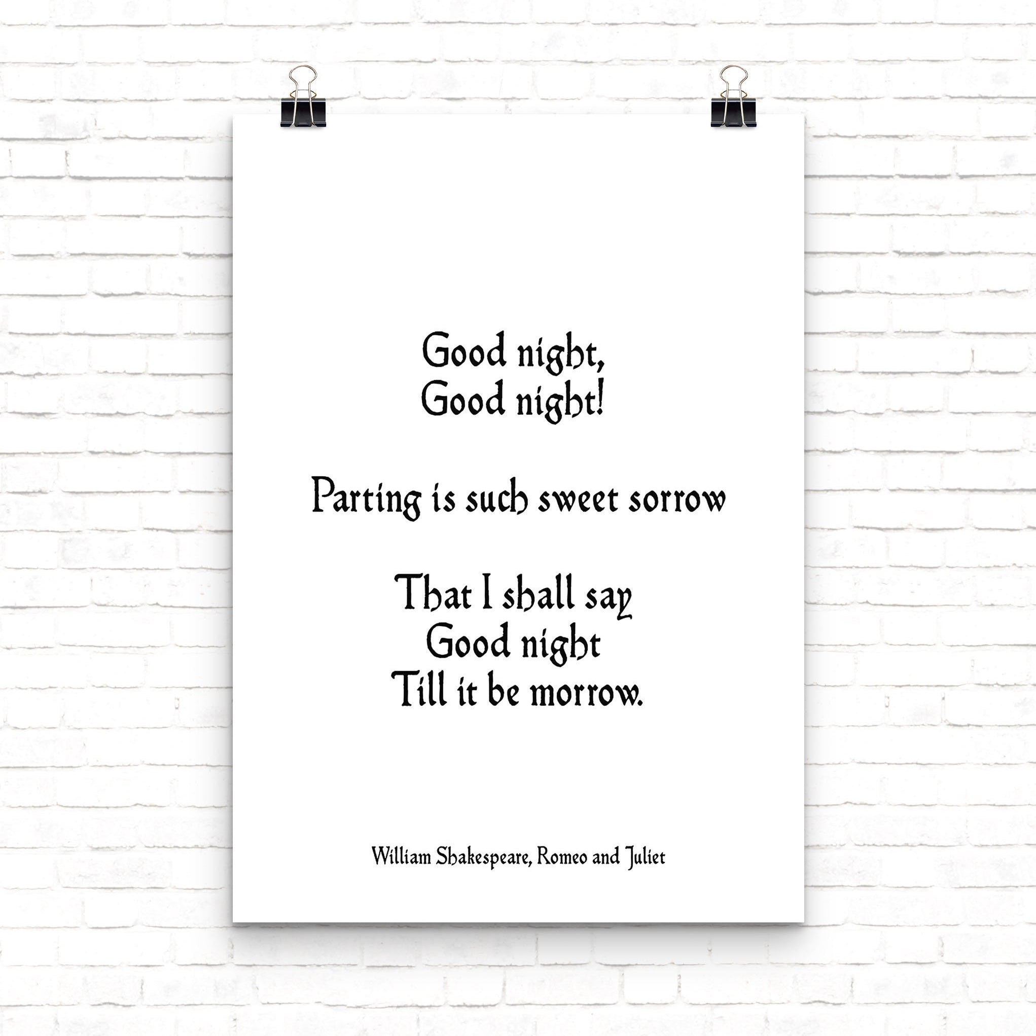 Romeo and Juliet Good Night Wall Art Prints, Unframed Black & White Art