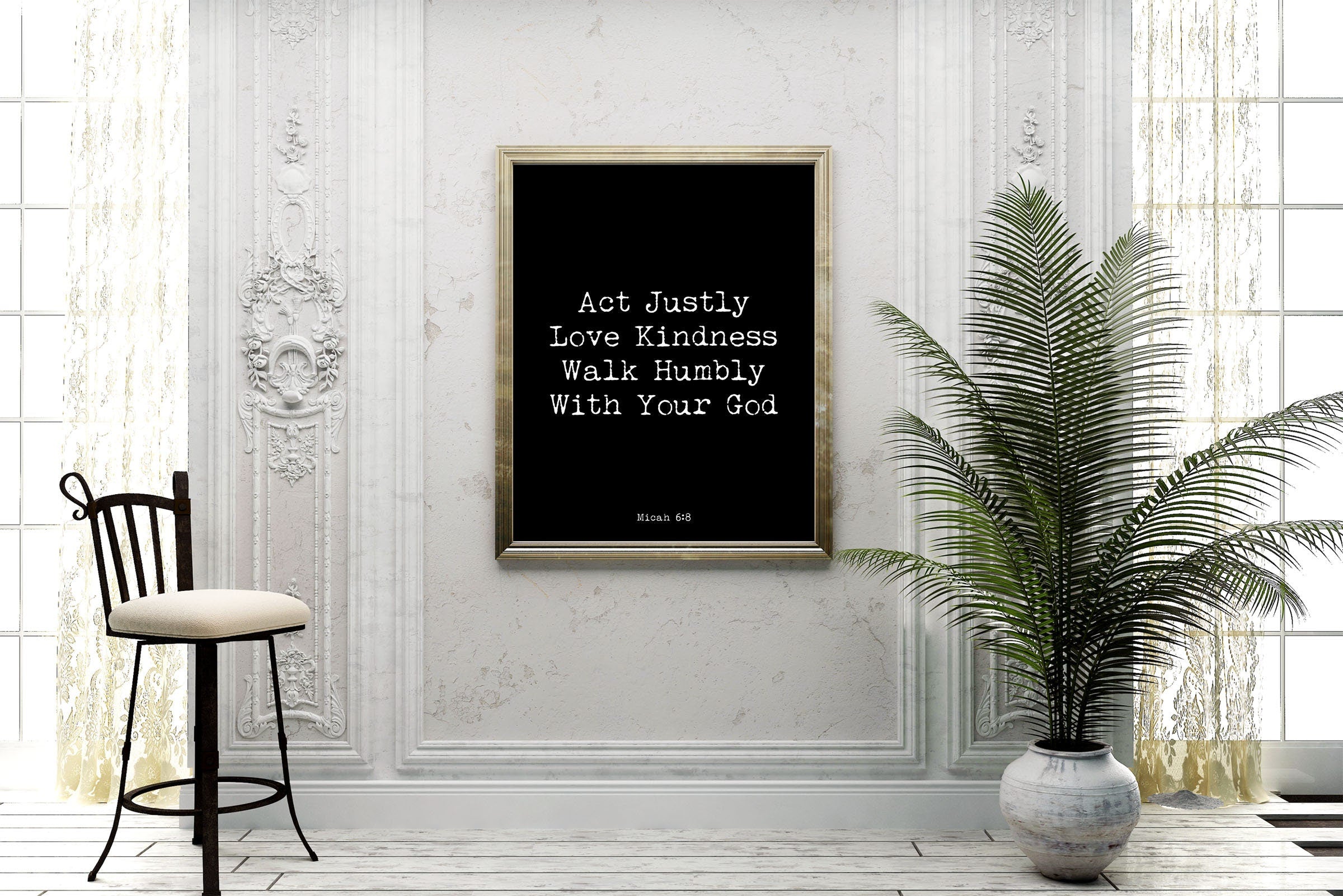 Micah 6:8 Bible Verse Quote Print, Love Kindness Walk Humbly Wall Art in Black & White