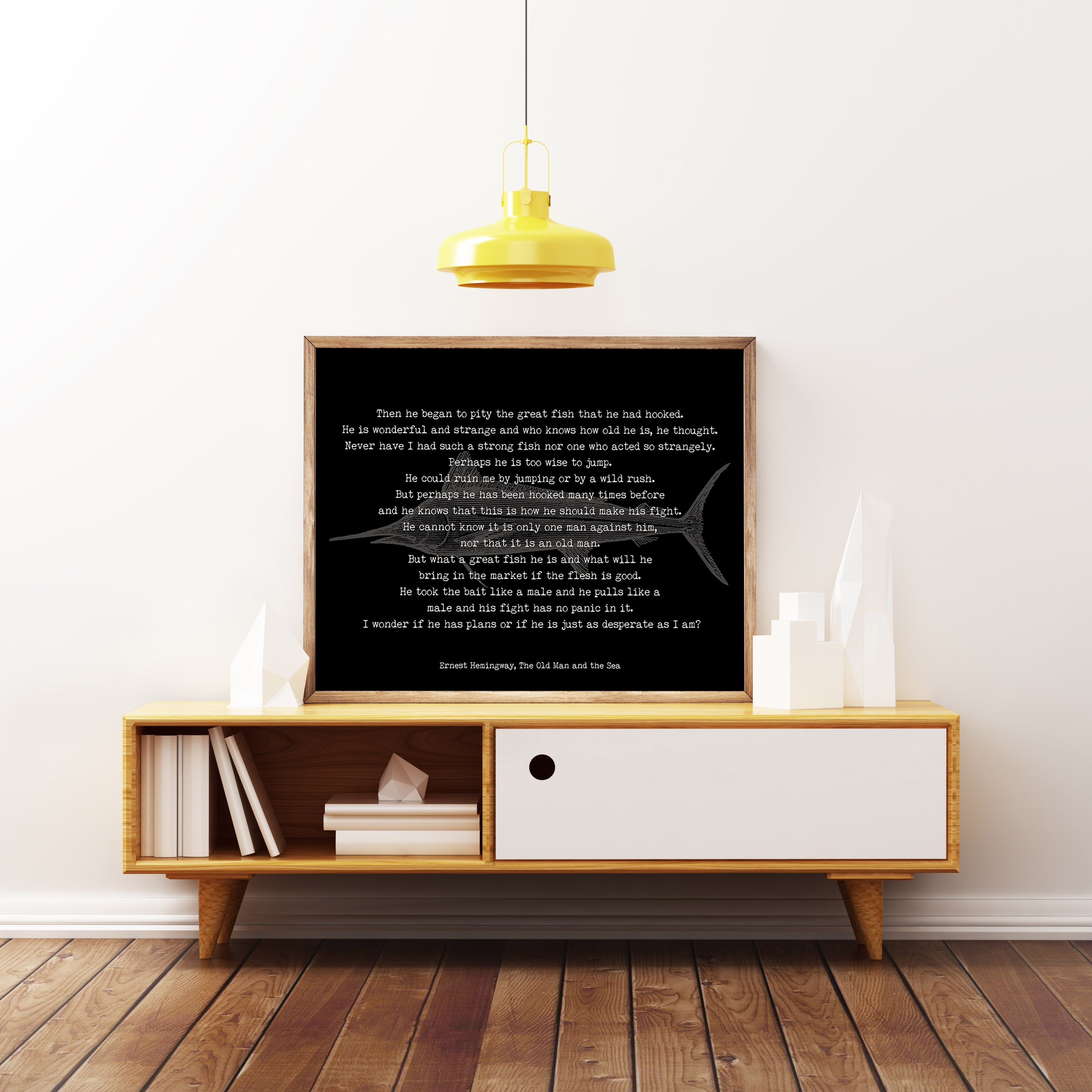 Ernest Hemingway fishing quote print, vintage fish poster print black white from The Old Man and the Sea book Unframed - BookQuoteDecor
