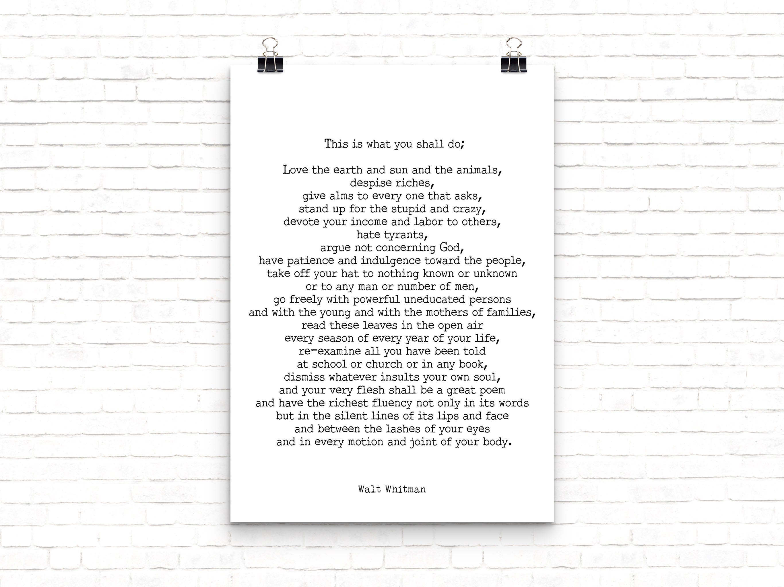Walt Whitman Leaves of Grass Print, This Is What You Shall Do Inspirational Poem in Vintage or Black & White for Home Wall Decor