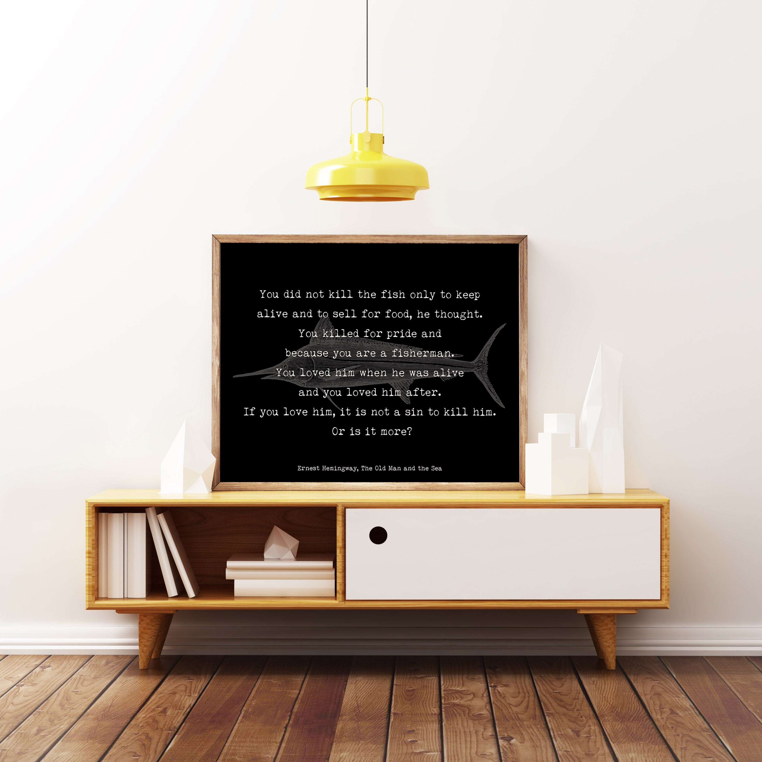 Ernest Hemingway fishing quote print, vintage fish poster print unframed black white from The Old Man and the Sea book