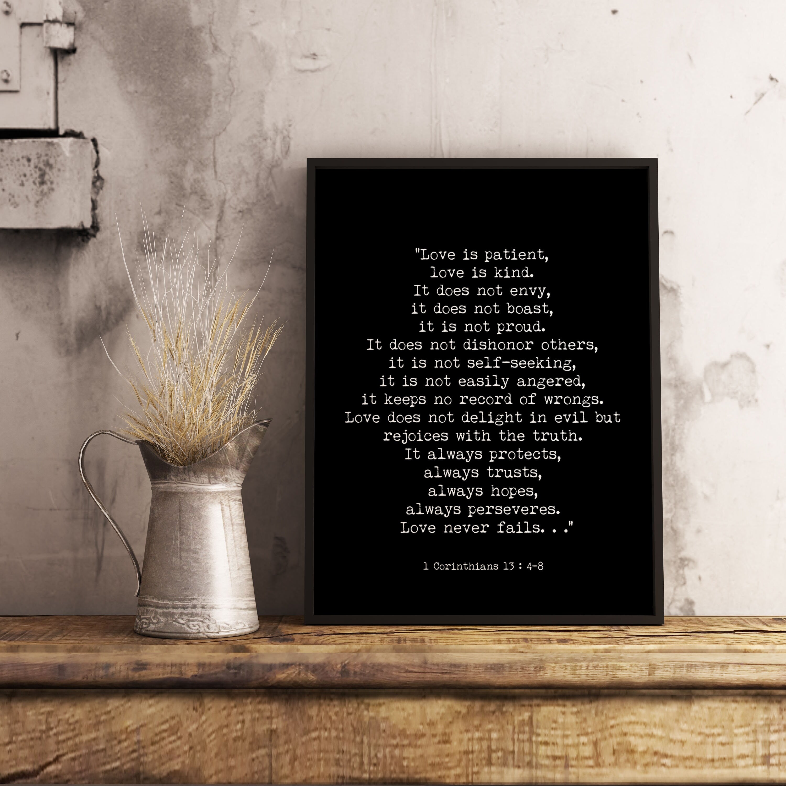 Framed Art 1 Corinthians 13 Bible Verse Quote Print, Love Is Patient Wall Art With Frame In Black & White