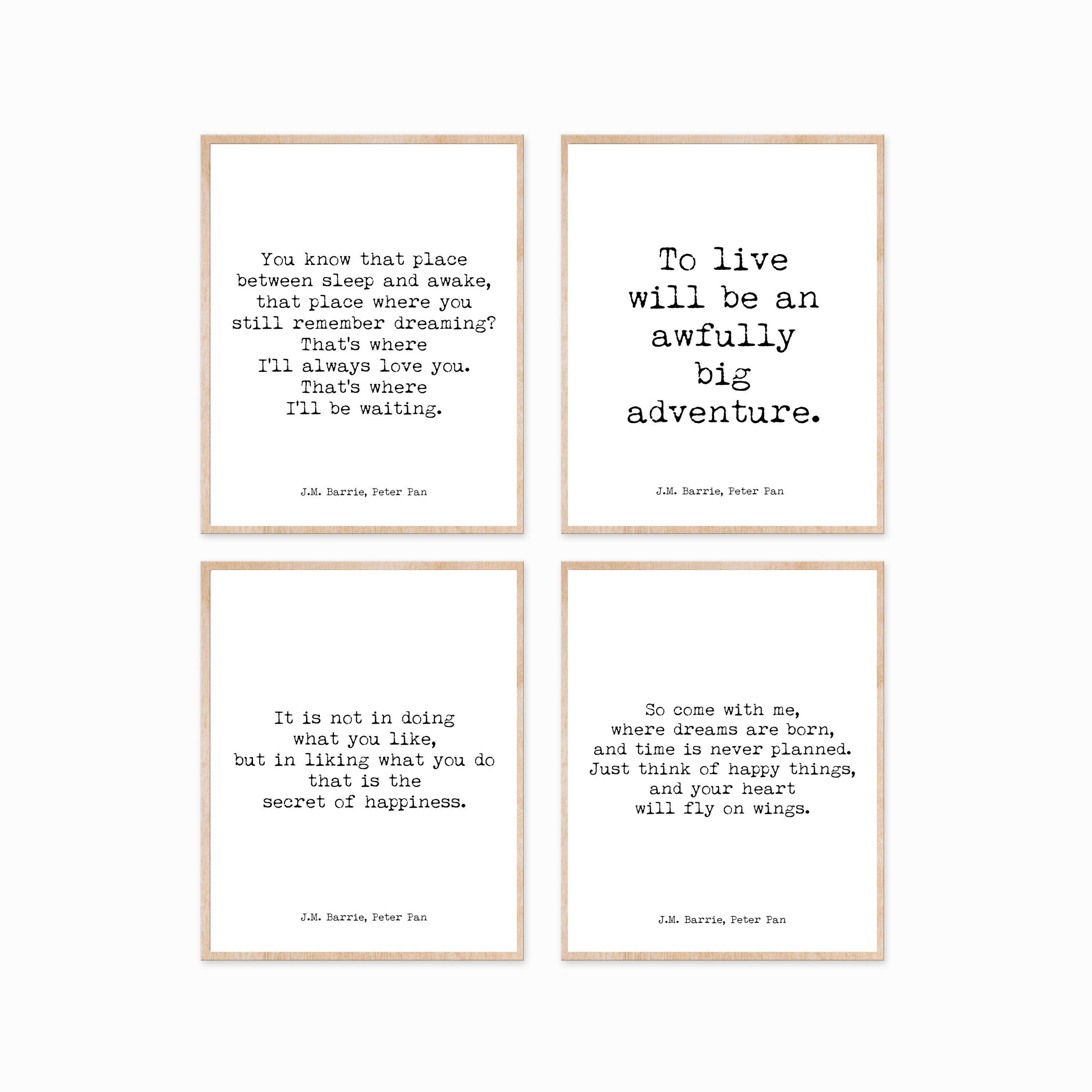 Peter Pan Quote Prints, Set of 4 Prints for Nursery or Playroom Decor in Black & White, Inspirational, Happiness, Unframed, Always Love you - BookQuoteDecor