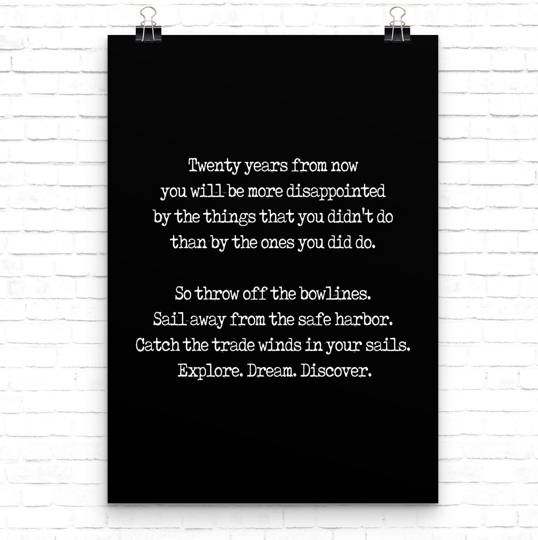 Twenty Years From Now Travel Decor Inspirational Quote Print, Explore Dream Discover Mark Twain Unframed Print - BookQuoteDecor