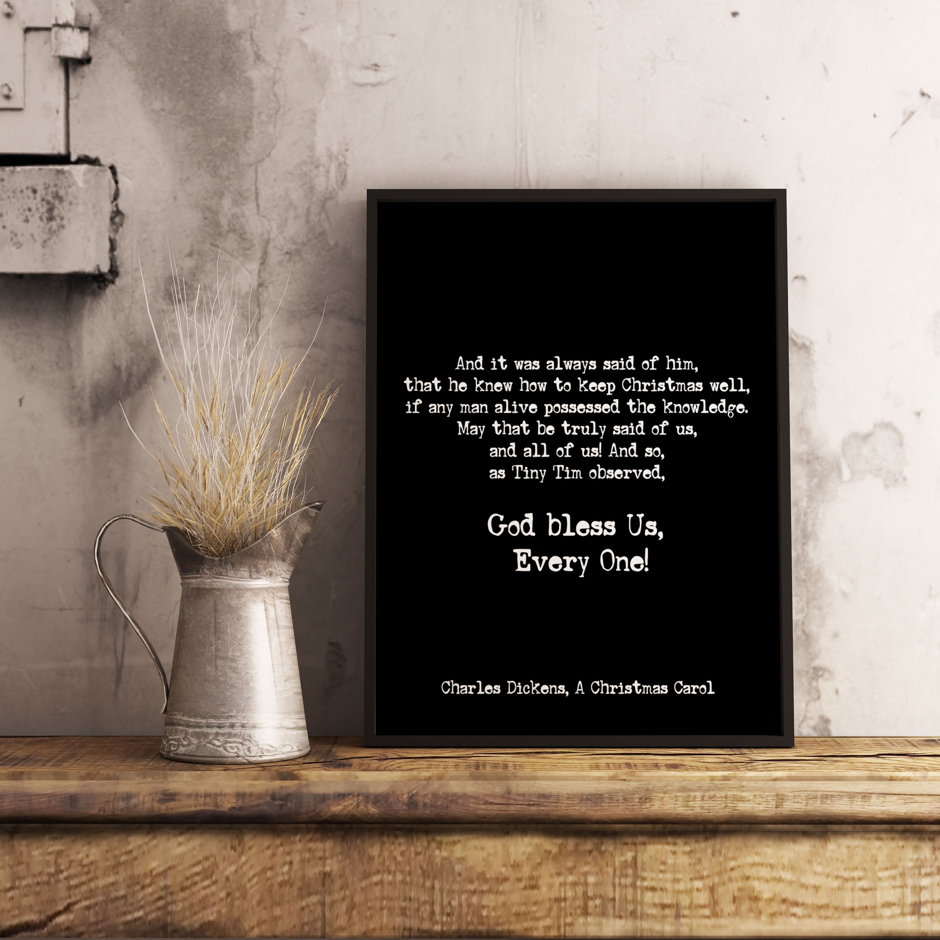 God Bless Us Christmas Carol Wall Art Quote Print, Charles Dickens Black and White Print