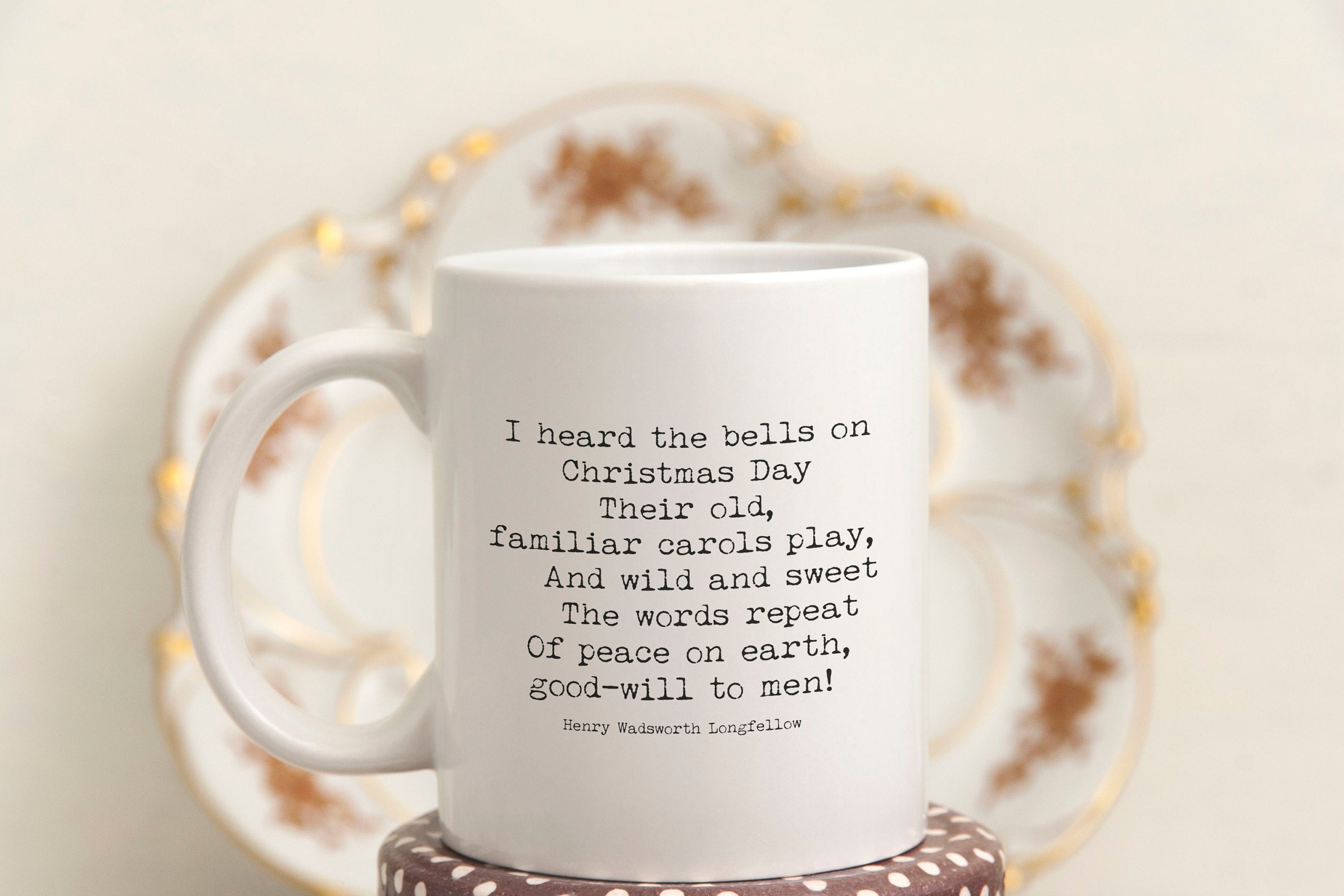 Christmas Bells Henry Wadsworth Longfellow Poem Ceramic Coffee Mug, Peace on Earth Goodwill to all Men Literary Gifts