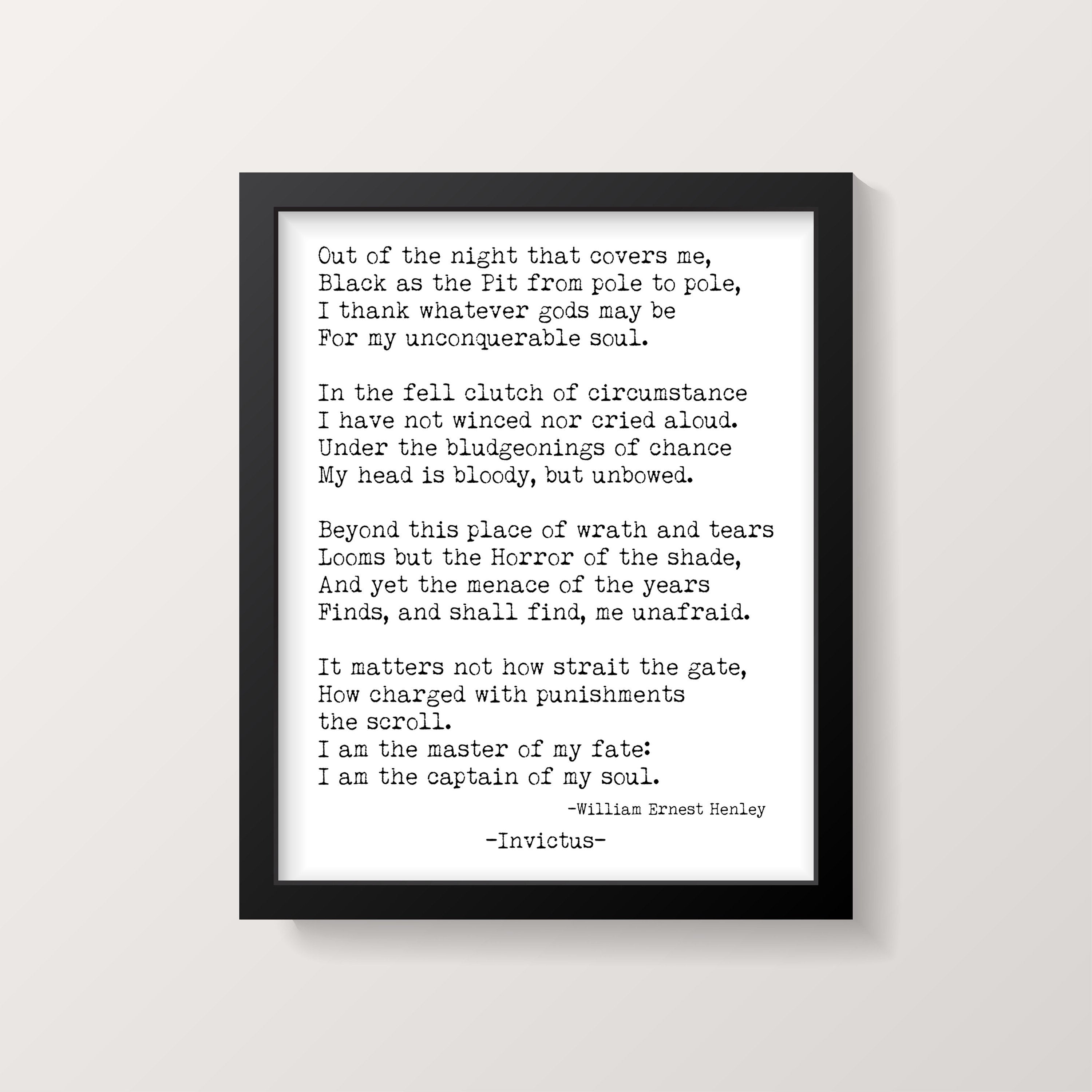 William Ernest Henley Invictus Print, I am the Master of my Fate , I am the captain of my soul Unframed Motivational Inspiring Print - BookQuoteDecor