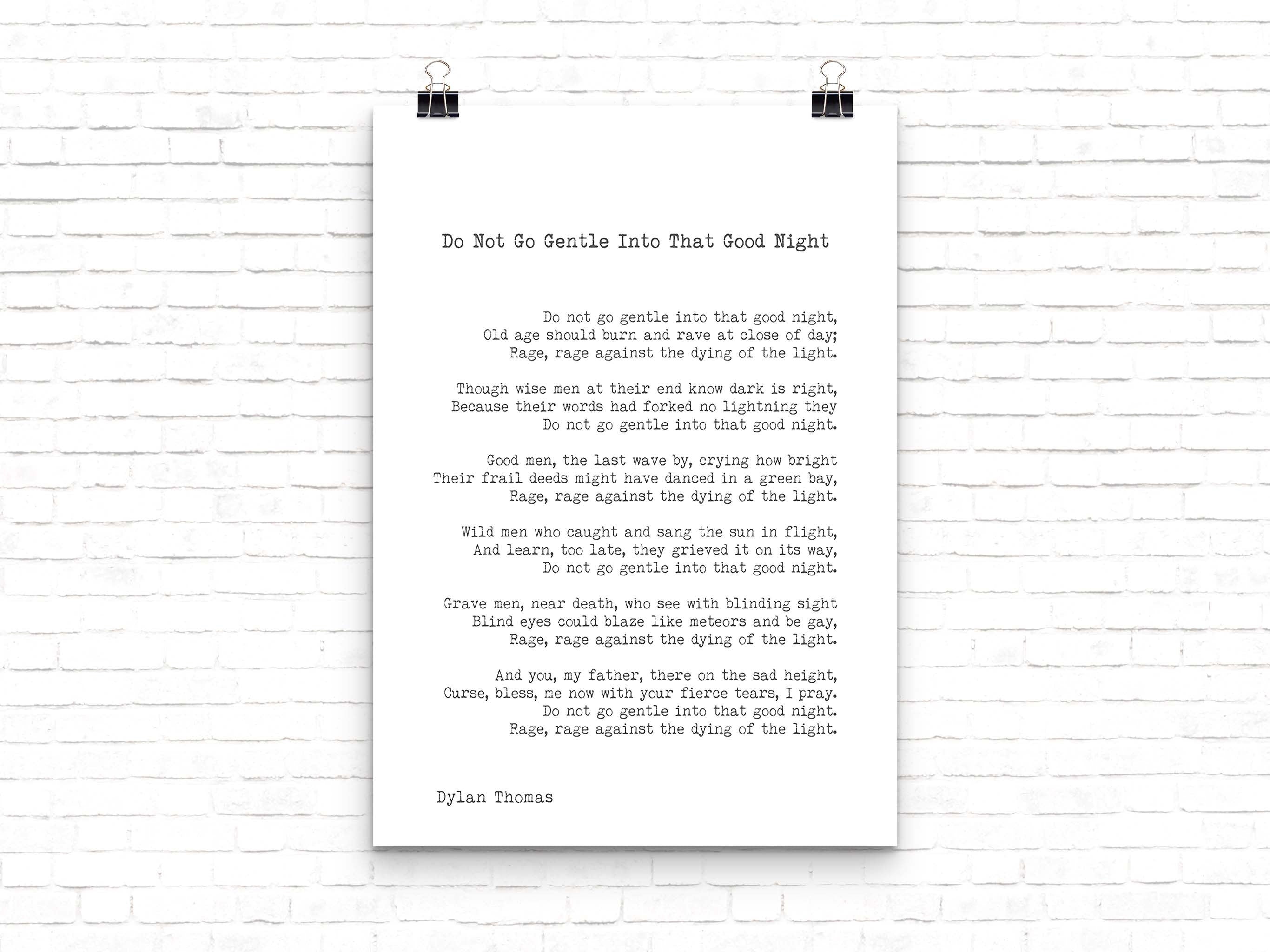 Large Dylan Thomas Poem Print, Do Not Go Gentle Poetry Poster in Black & White for Home Wall Decor