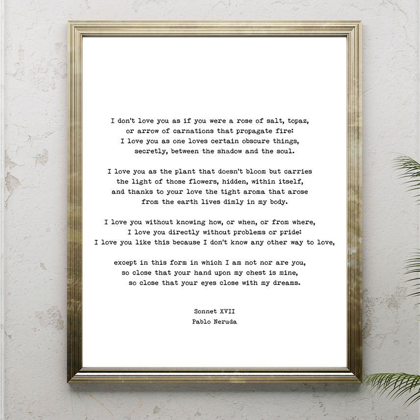 Pablo Neruda Love Poem Print, I Love You Without Knowing How Love Poetry Art, Gallery Wall Idea, Unframed - BookQuoteDecor