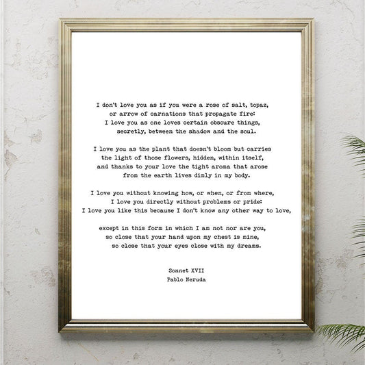 Pablo Neruda Love Poem Print, I Love You Without Knowing How Love Poetry Art, Gallery Wall Idea, Unframed - BookQuoteDecor
