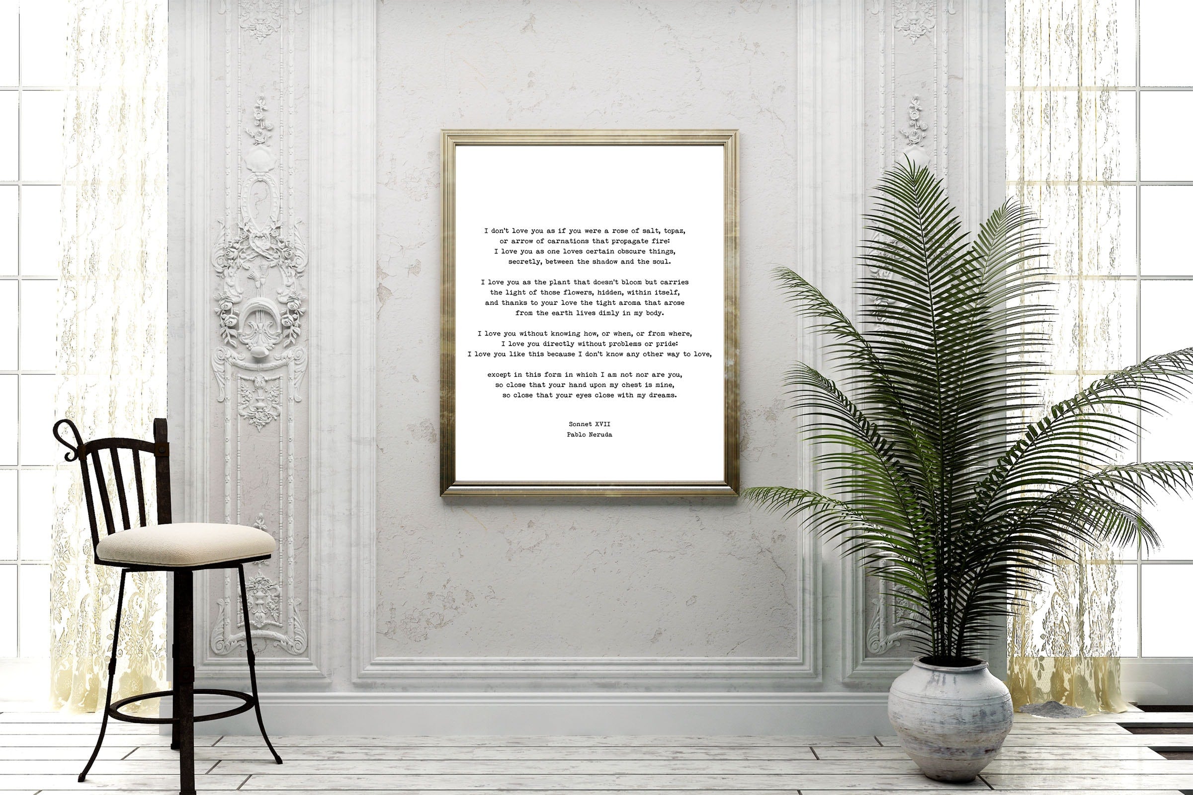 Pablo Neruda Love Poem Print, I Love You Without Knowing How Love Poetry Art