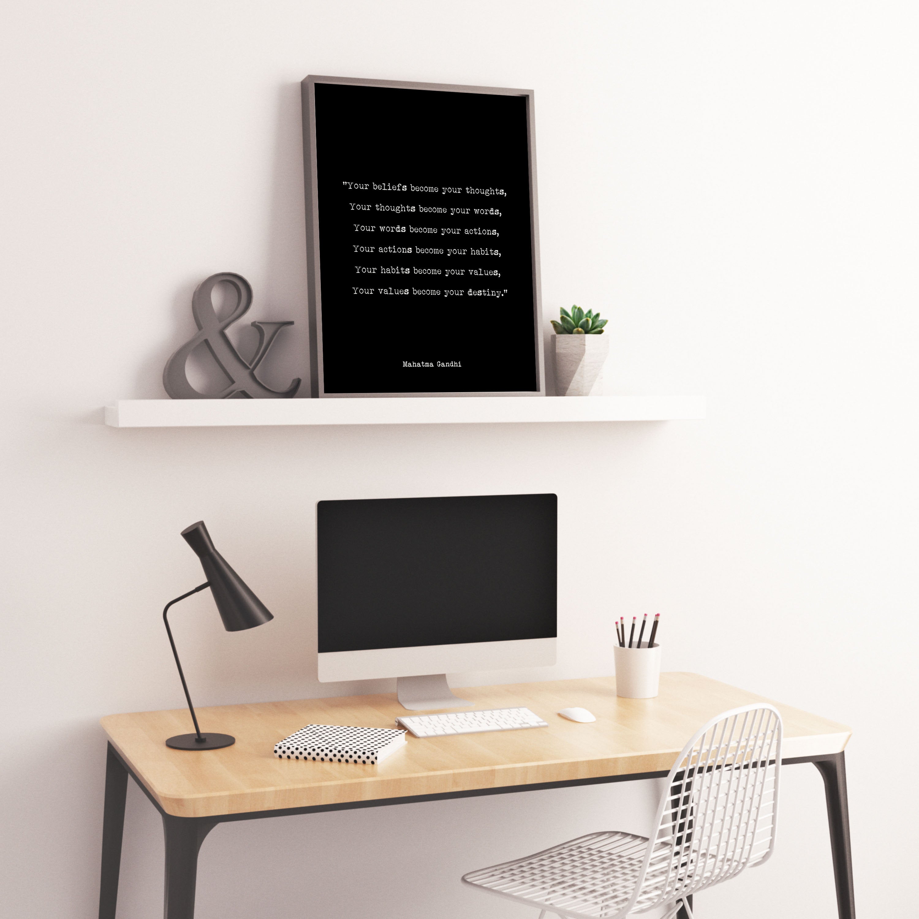 Your Beliefs Become Your Thoughts Gandhi Print, A Life Quote Inspirational Print In Black & White Unframed For Office Wall Art Or Home Decor - BookQuoteDecor