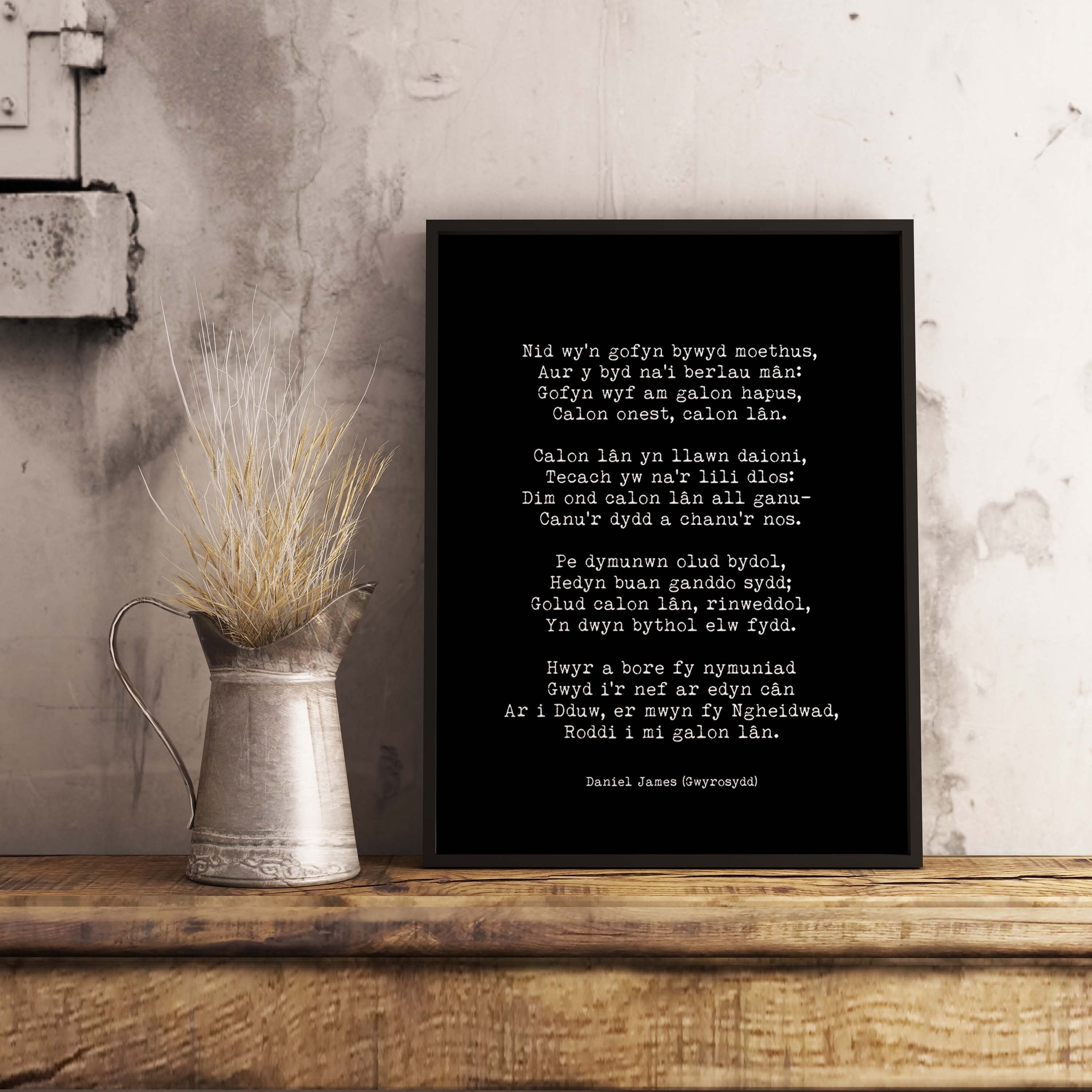 Calon Lan Welsh Poem Print, Daniel James Gwyrosydd Poetry Poster in Black & White for Home Wall Decor