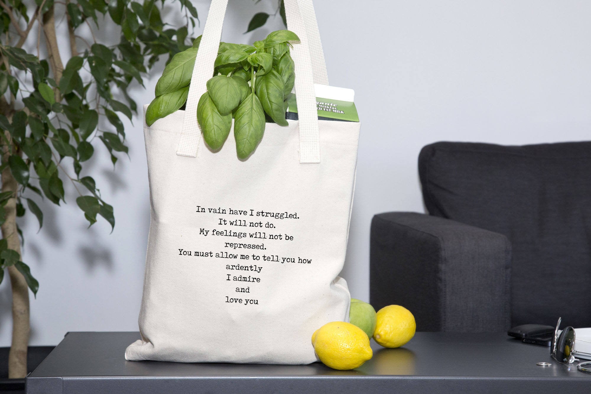 Organic Cotton Jane Austen Quote Book Bag, Mr Darcy In Vain I Have Struggled Pride & Prejudice Gussetted Tote - BookQuoteDecor