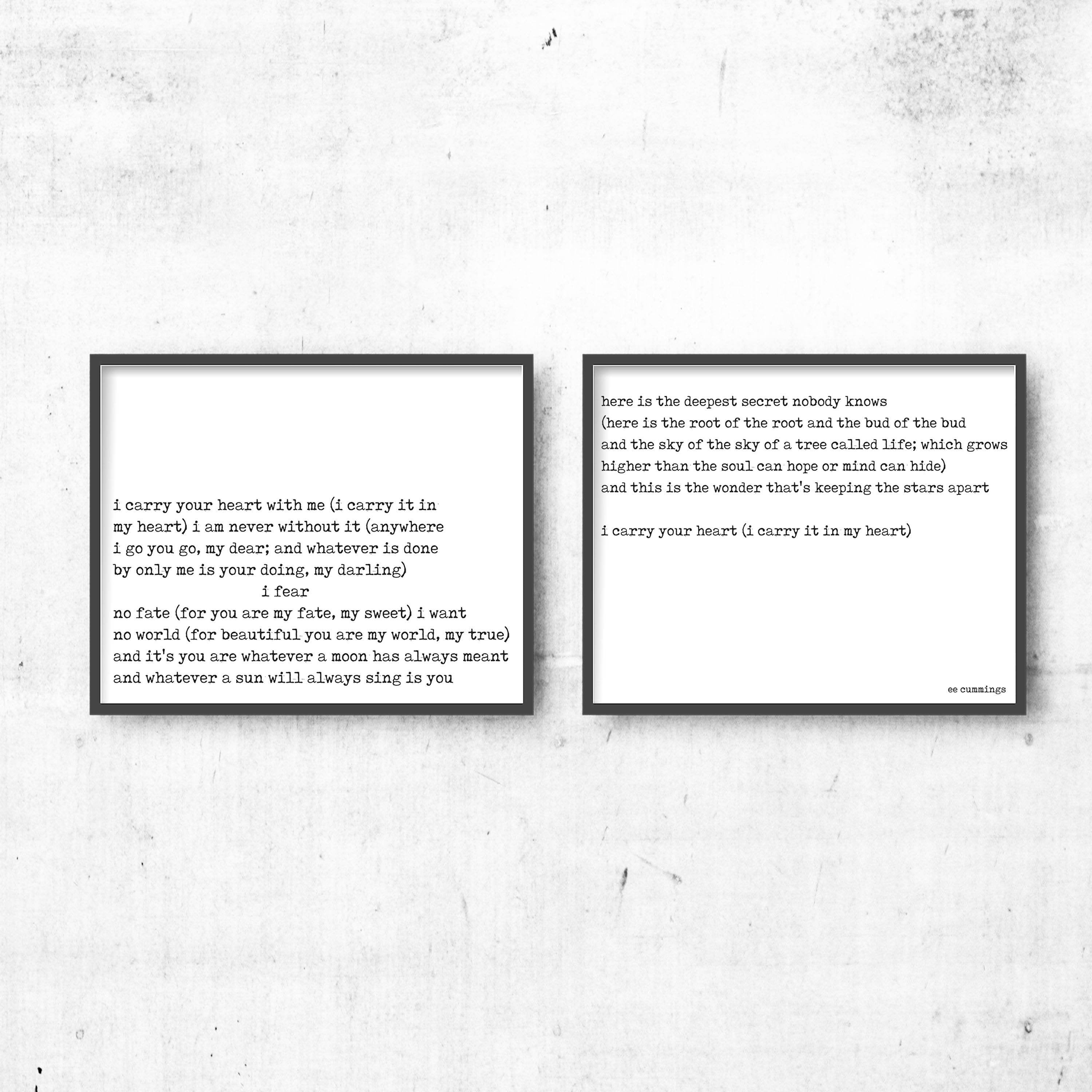 Poetry Quote Art Set, ee cummings I Carry Your Heart Wall Art Wedding Poem Print, Black & White Art Decor, Unframed - BookQuoteDecor