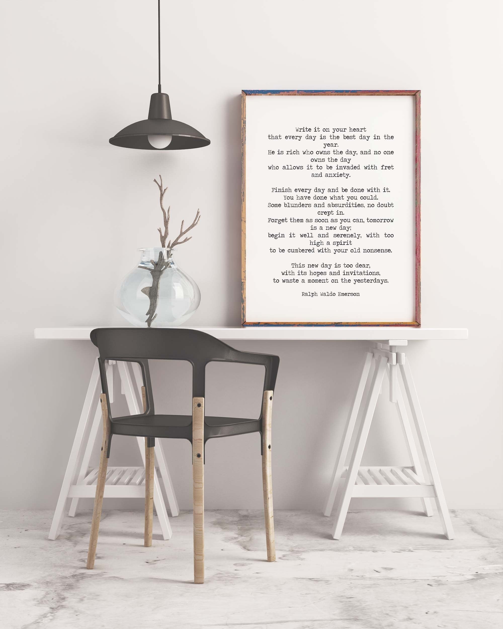 Ralph Waldo Emerson Quote Print, He Is Rich Who Owns The Day Black & White Inspirational Print For Home Decor