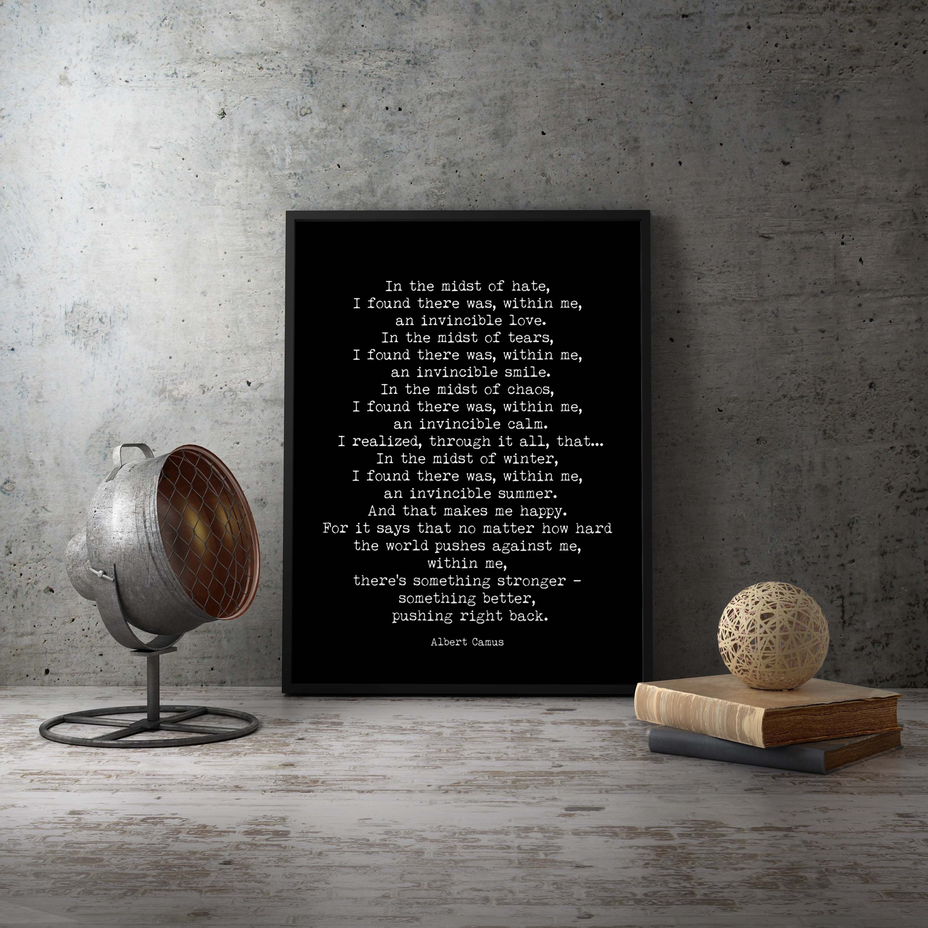 Invincible Summer FRAMED Wall Art Albert Camus Quote, Framed Art Poster Motivational Print Black & White Home Decor