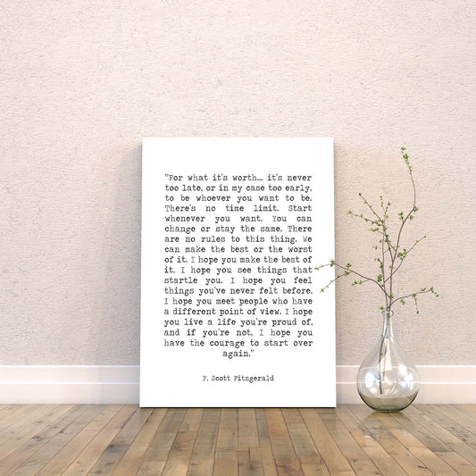For What It's Worth Canvas Art Print F Scott Fitzgerald - BookQuoteDecor