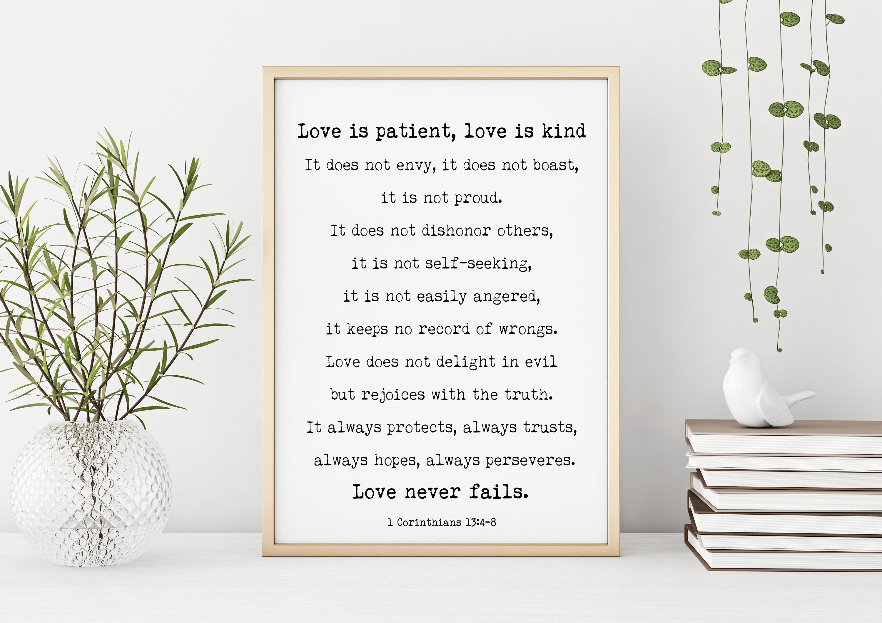 Corinthians 13 Quote Print, Love is Patient Love Never Fails Wall Art Print in Black & White