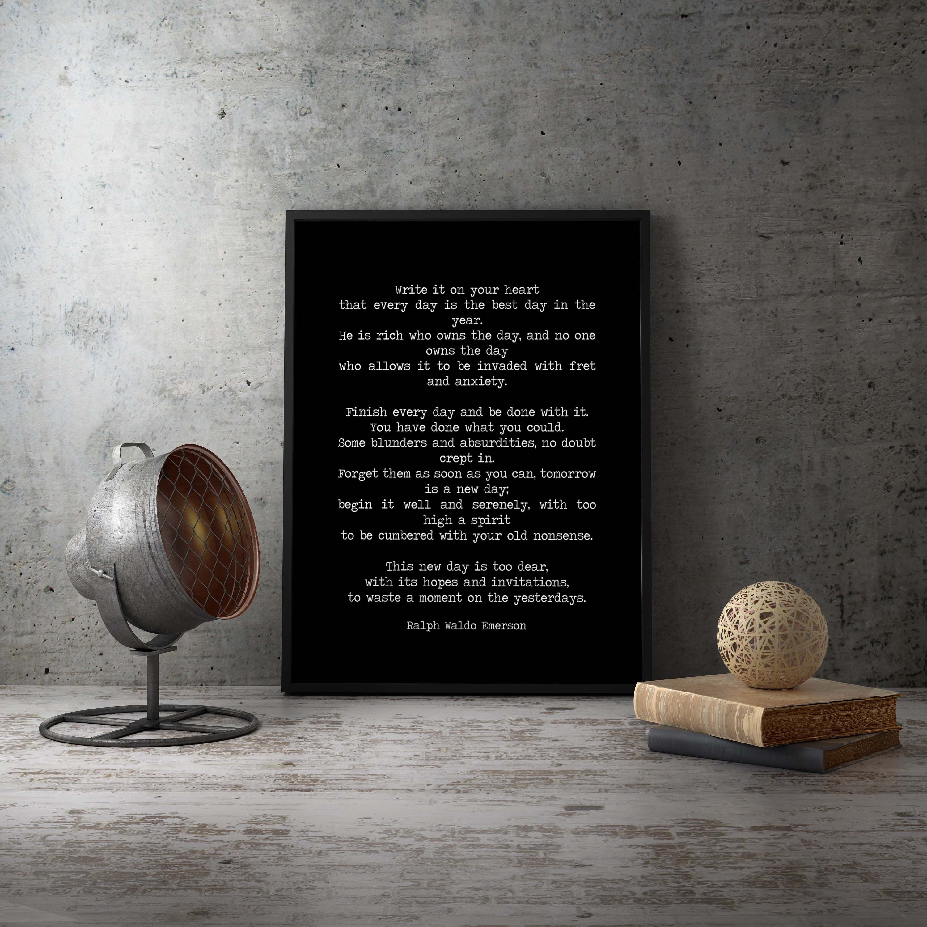 FRAMED Ralph Waldo Emerson Quote Print, He Is Rich Who Owns The Day Black & White Inspirational Print For Home Decor 8x10 - 24x36 framed