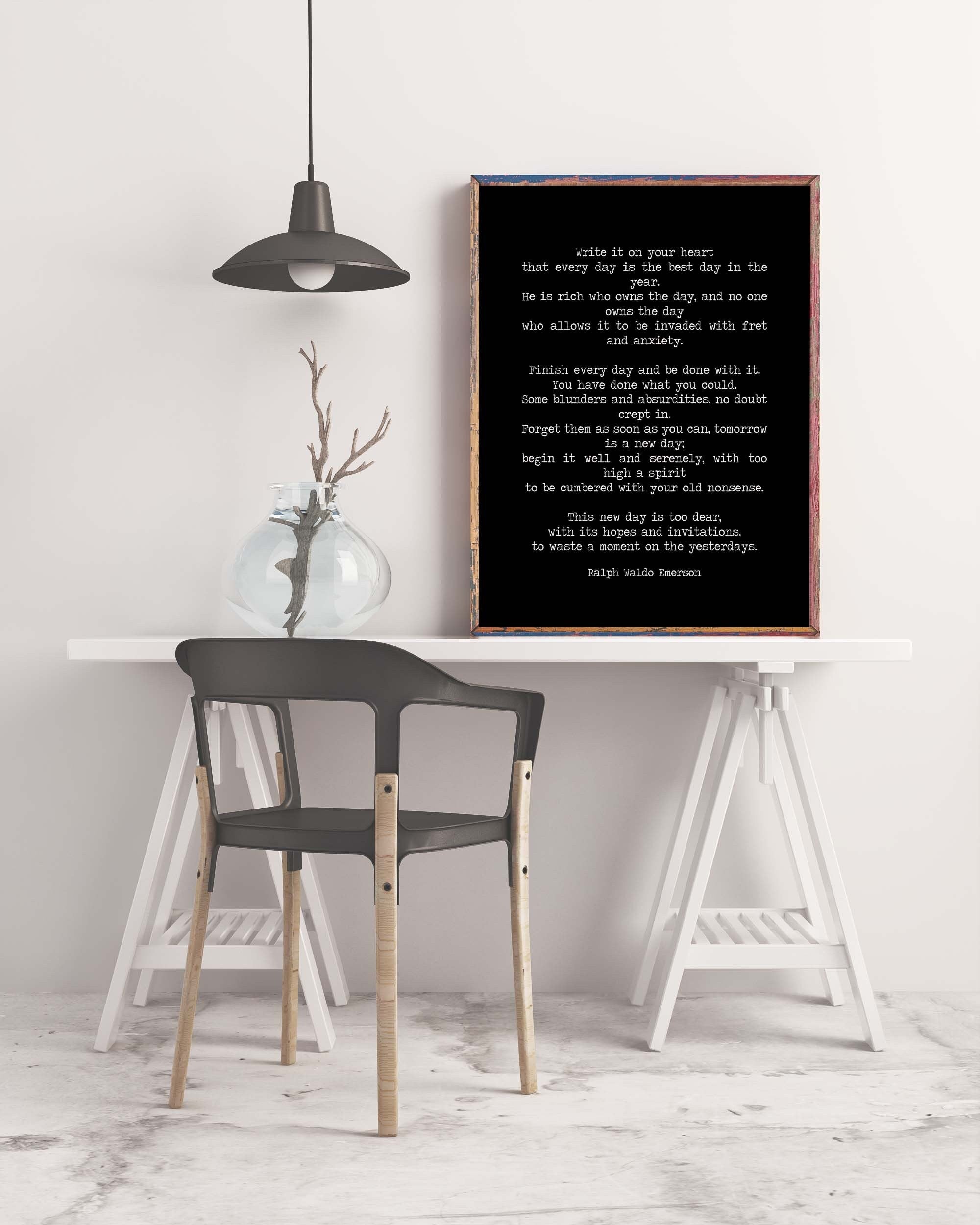 Ralph Waldo Emerson Quote Print, He Is Rich Who Owns The Day Black & White Inspirational Print For Home Decor