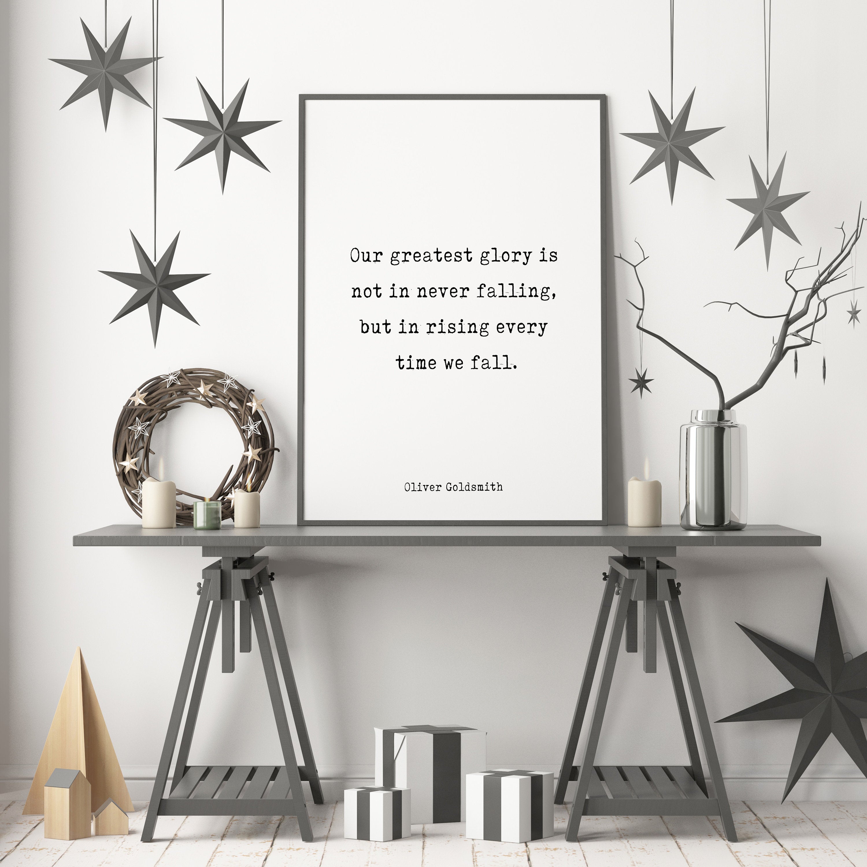 Oliver Goldsmith Quote Print, Glory Is Not In Never Falling But In Rising Every Time We Fall Inspirational Life Quote Black & White Unframed - BookQuoteDecor
