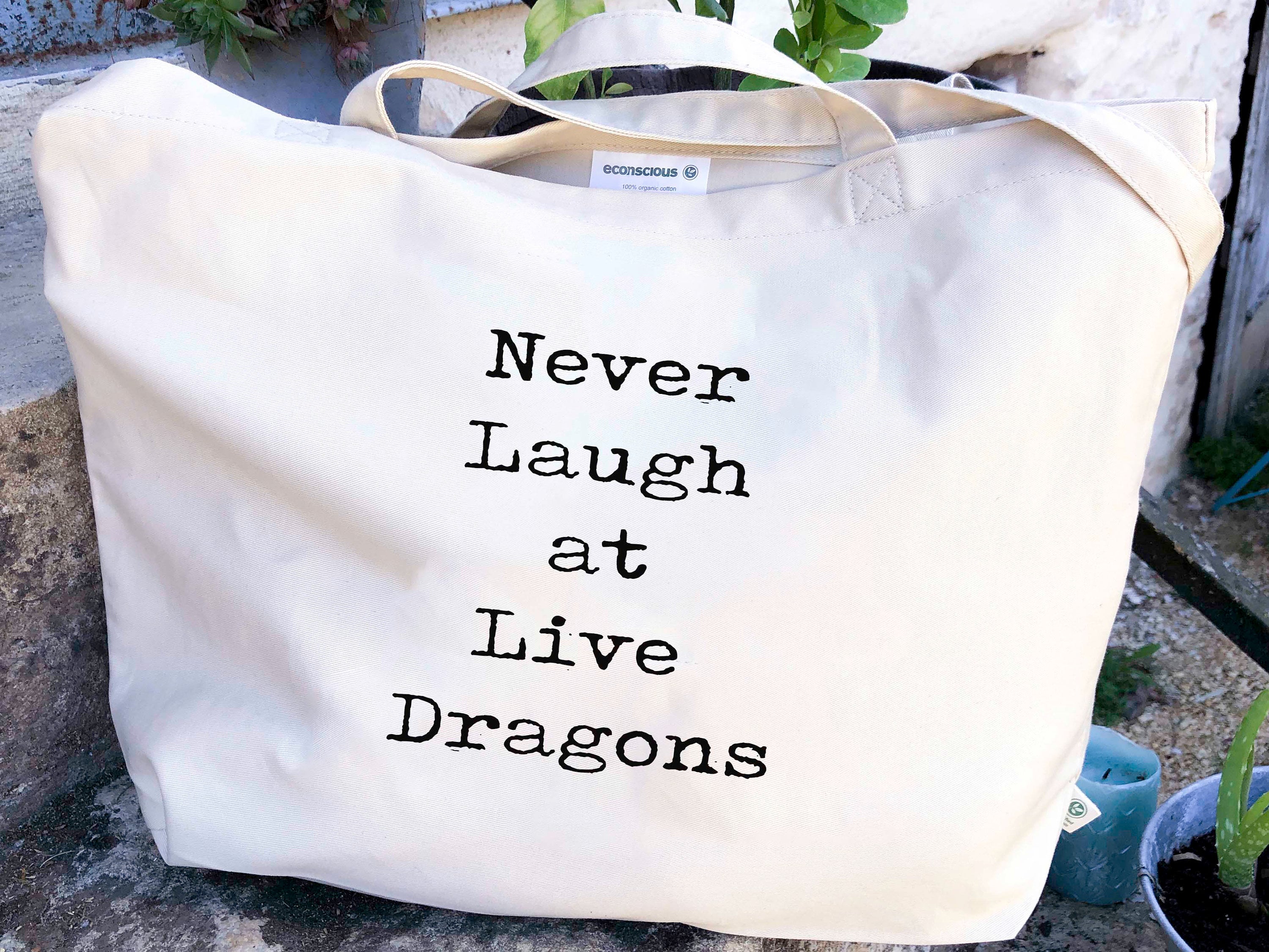 Never Laugh At Live Dragons Canvas Tote Bag, 100% Organic Cotton - BookQuoteDecor