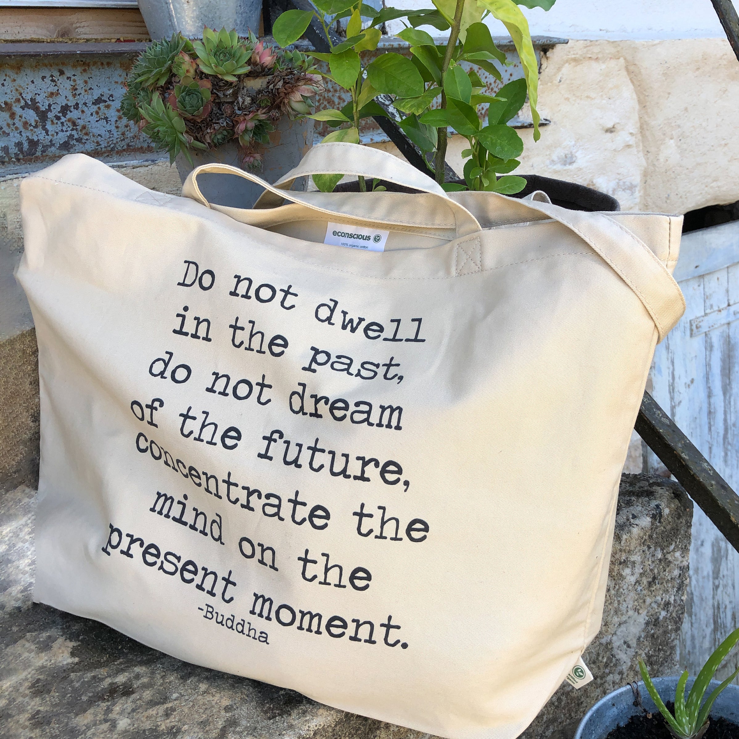 Buddha Quote Canvas Tote Bag, 100% Organic Cotton Do Not Dwell in the Past - BookQuoteDecor