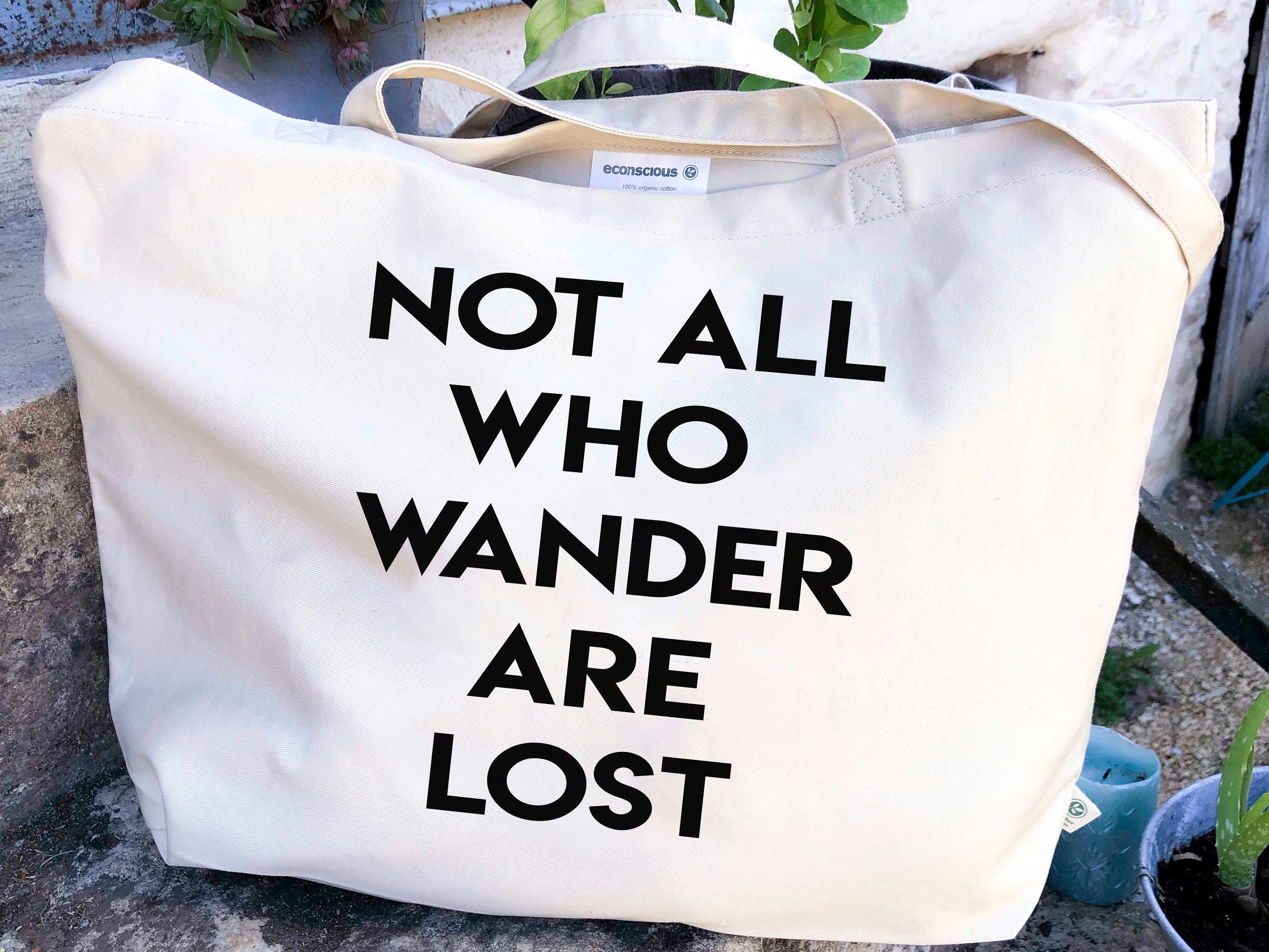 Not All Who Wander Organic Cotton Large Tote Bag, Inspirational Travel Quote Canvas Tote - BookQuoteDecor