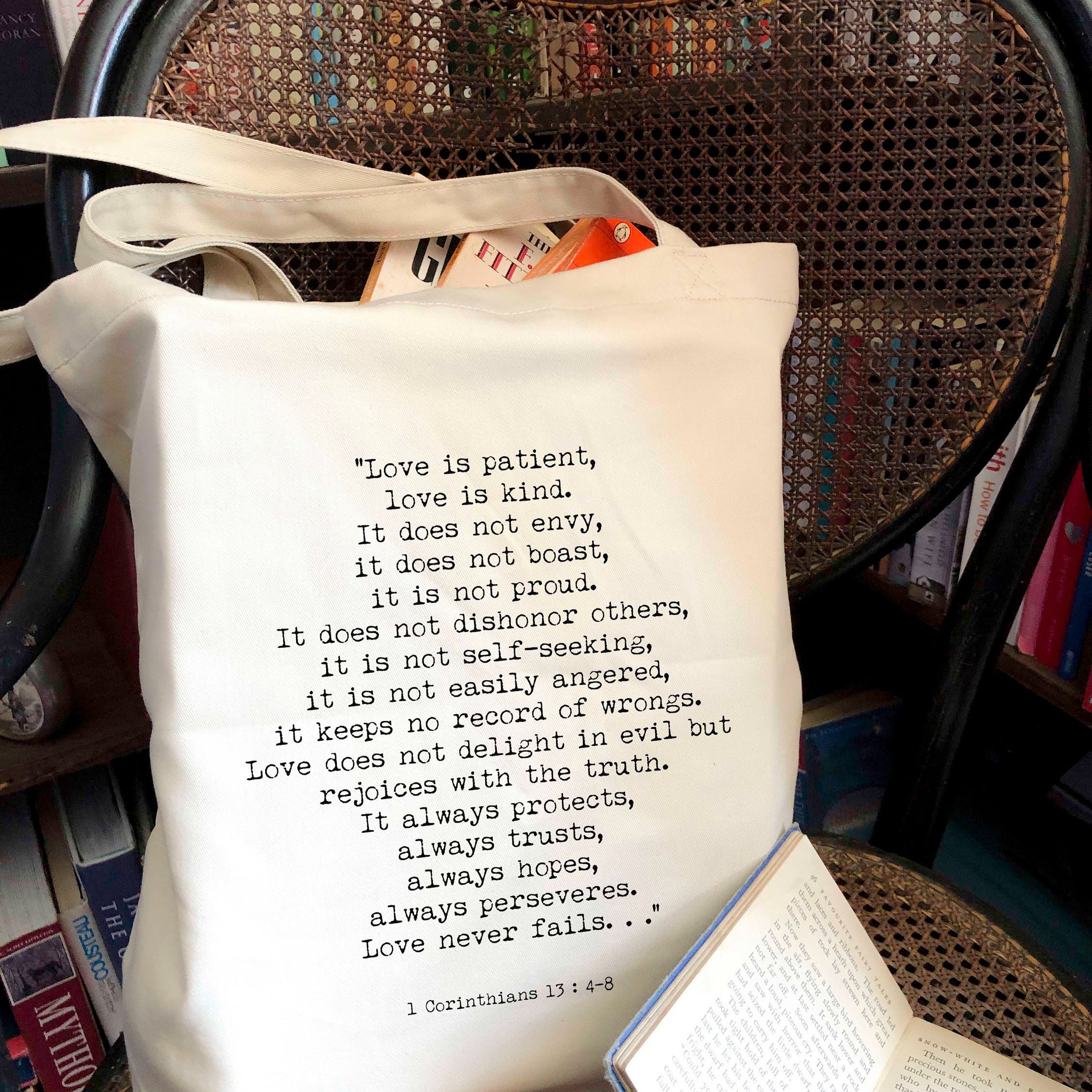 Love Never Fails Tote Bag I Corinthians 13 - BookQuoteDecor