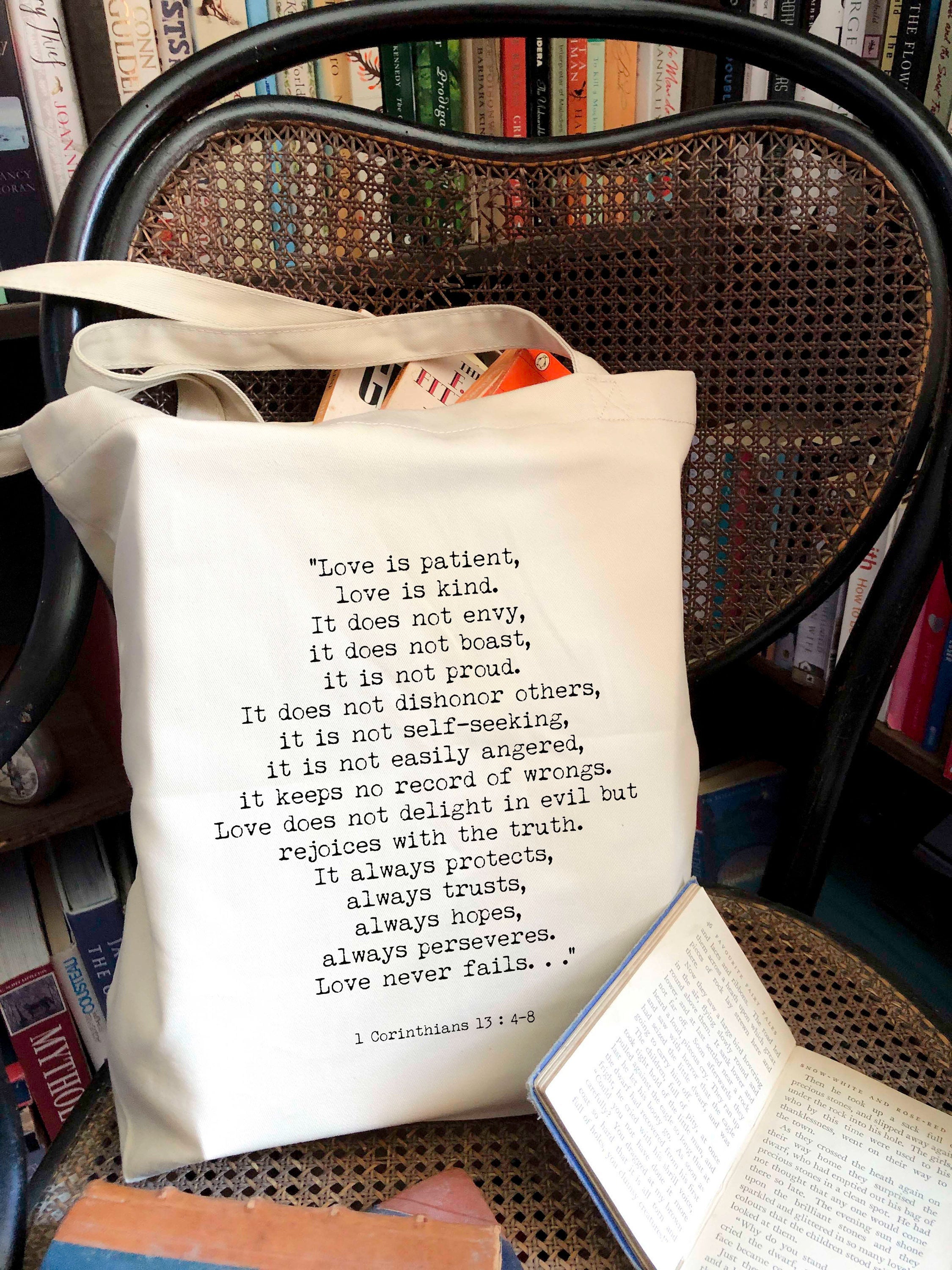 Love Never Fails Tote Bag I Corinthians 13 - BookQuoteDecor