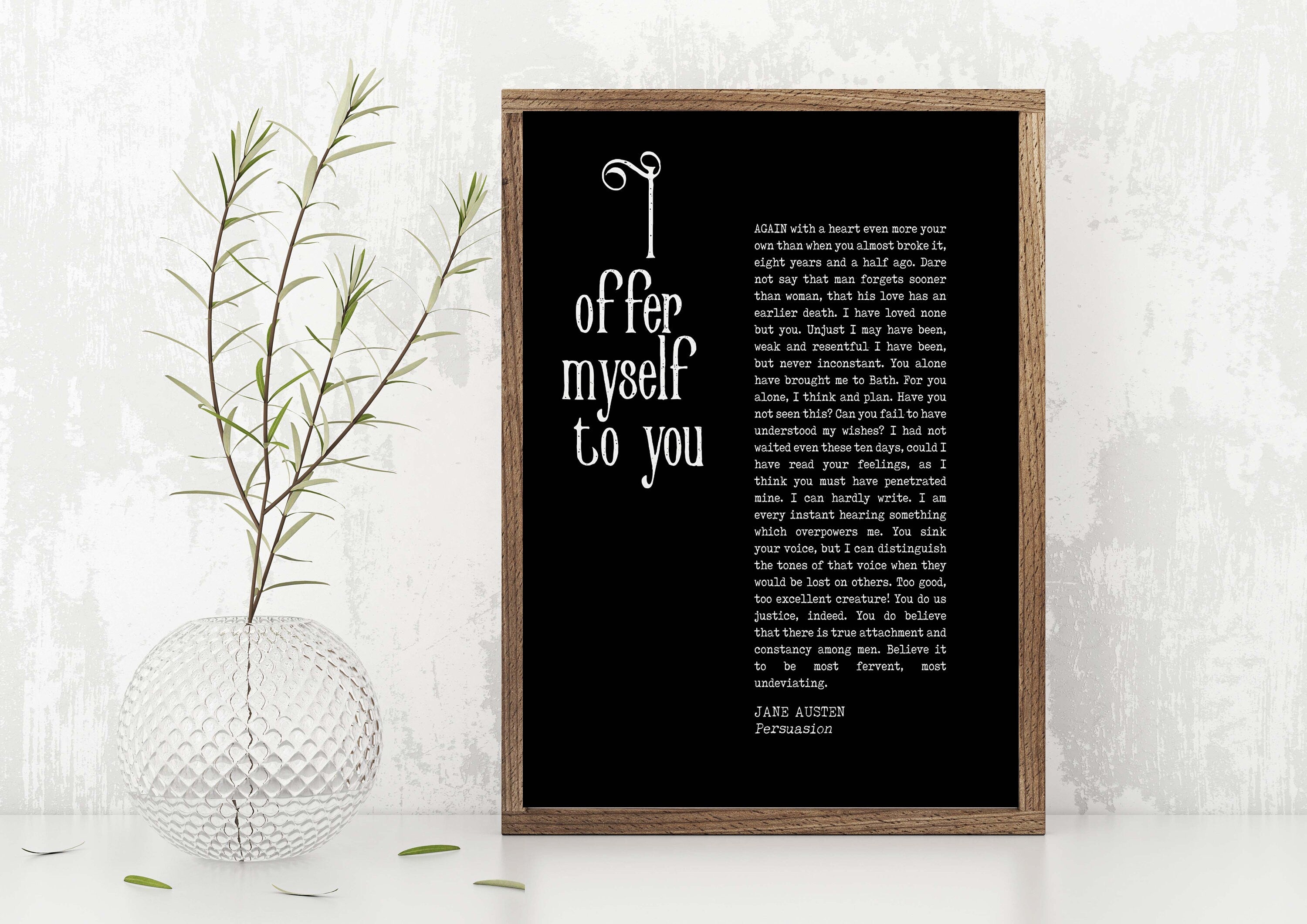 I Offer Myself To You Jane Austen Quote Wall Art Prints, Unframed Persuasion Book Quote Decor in Black & White