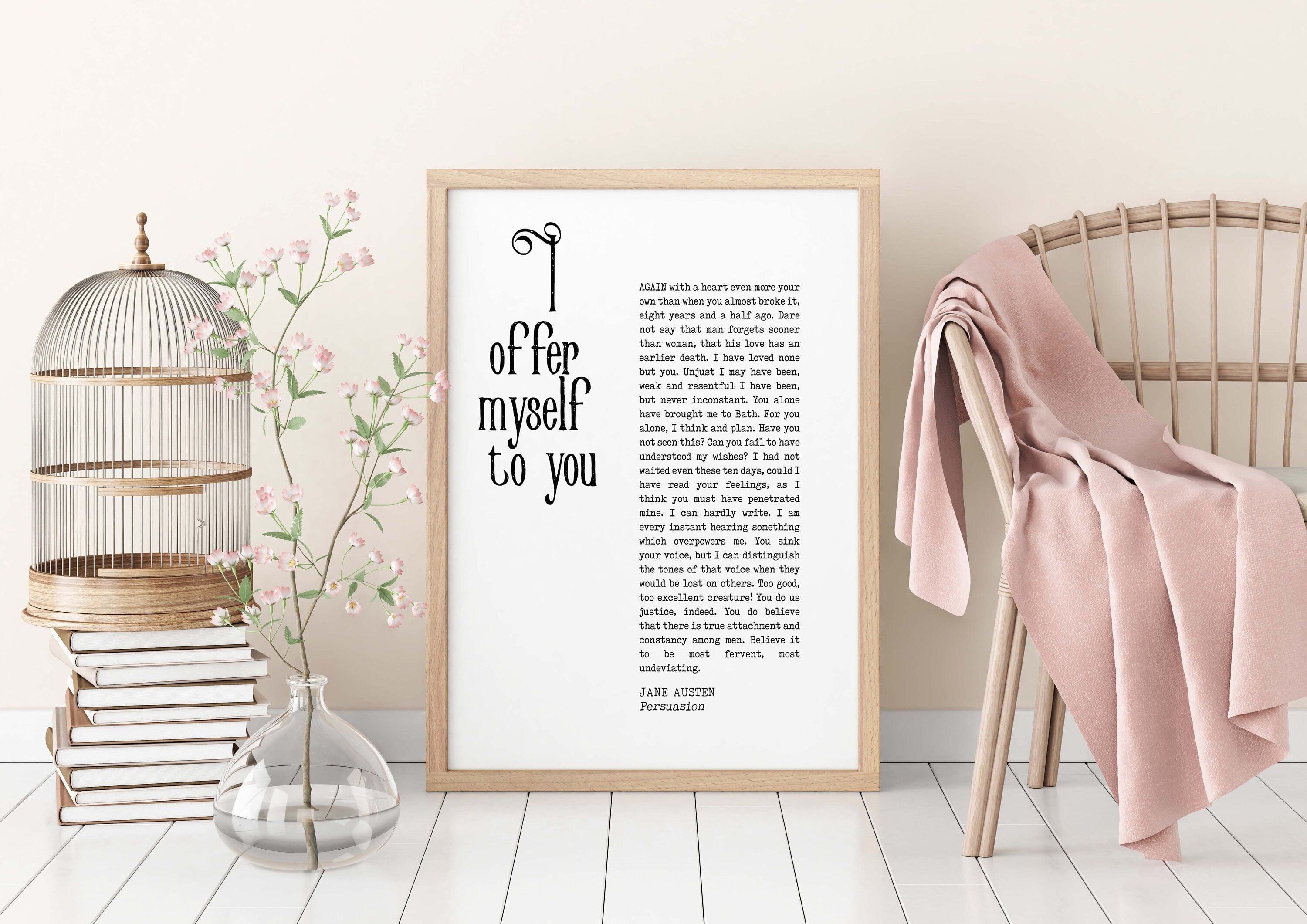 I Offer Myself To You Jane Austen Quote Wall Art Prints, Unframed Persuasion Book Quote Decor in Black & White