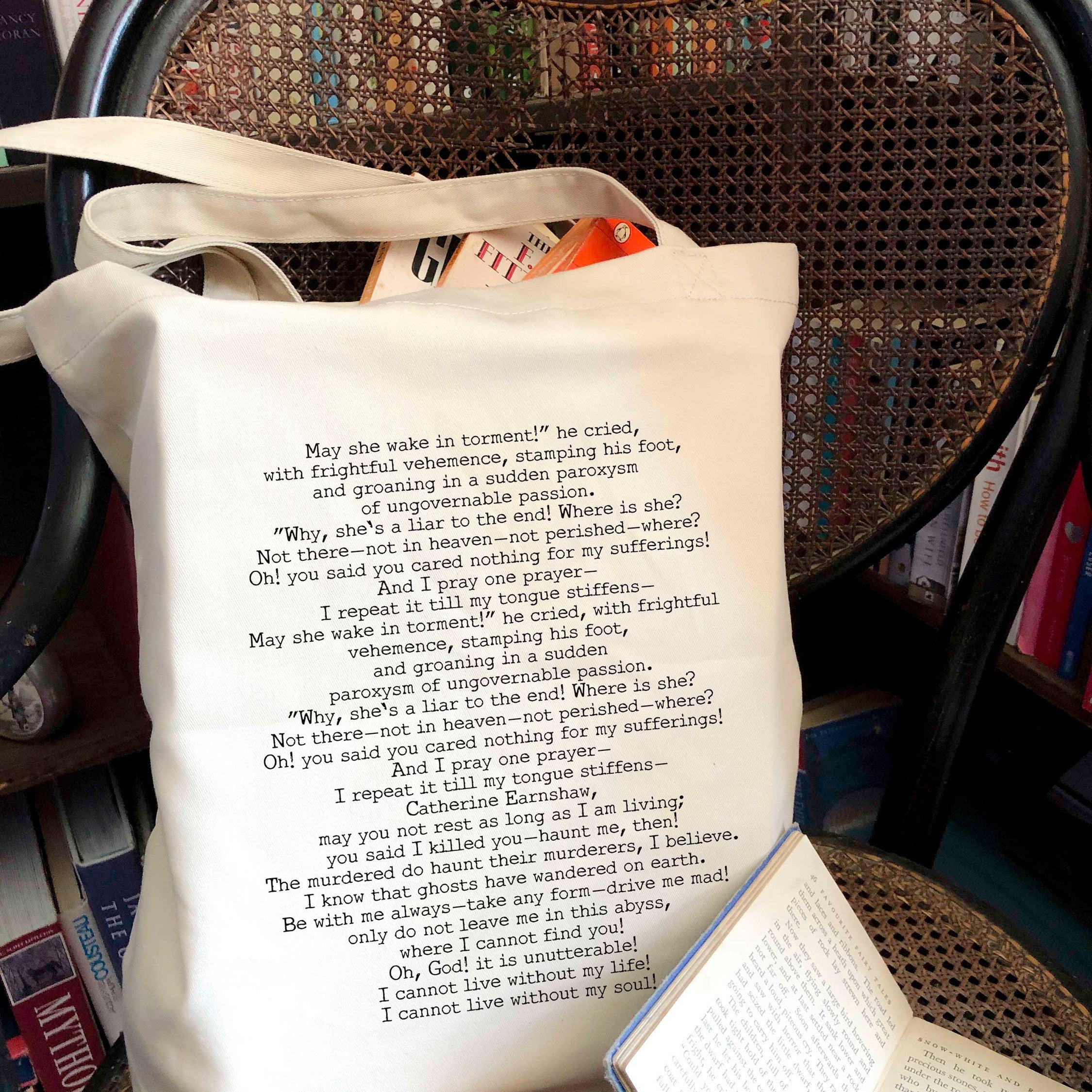 Wuthering Heights Quote Tote Bag, Emily Bronte 100% Organic Cotton Book Quote Library Bag - BookQuoteDecor