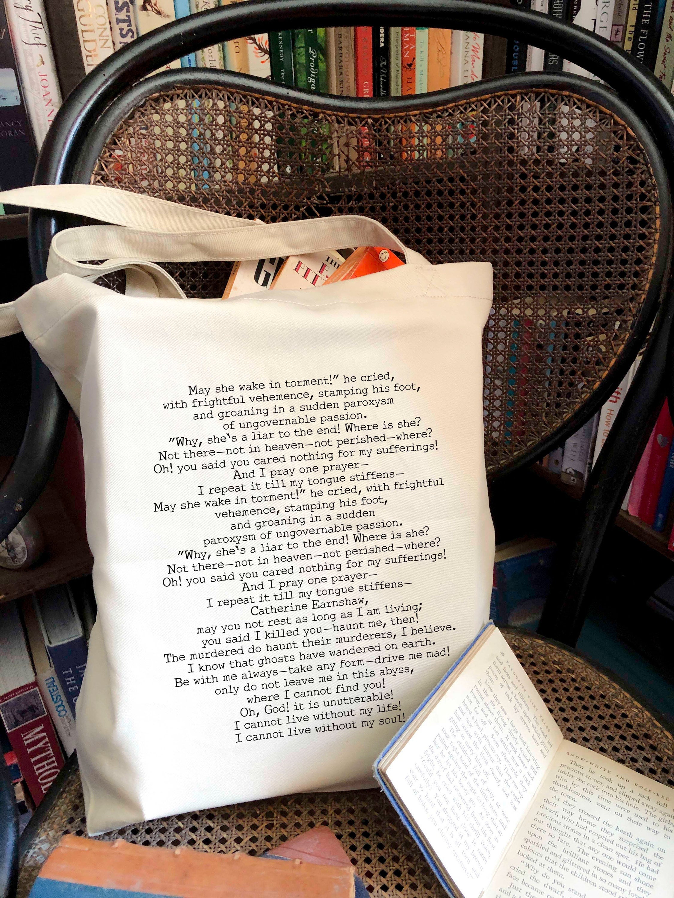 Wuthering Heights Quote Tote Bag, Emily Bronte 100% Organic Cotton Book Quote Library Bag - BookQuoteDecor