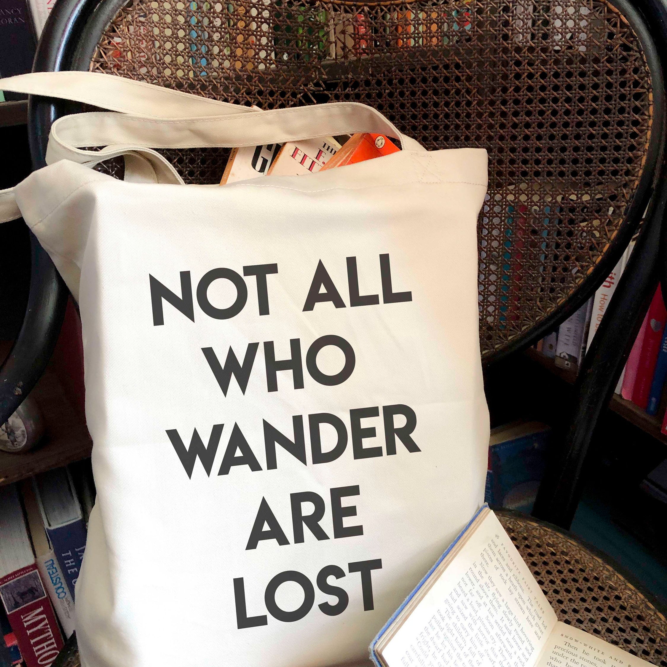 Not All Who Wander Organic Cotton Large Tote Bag, Inspirational Travel Quote Canvas Tote - BookQuoteDecor