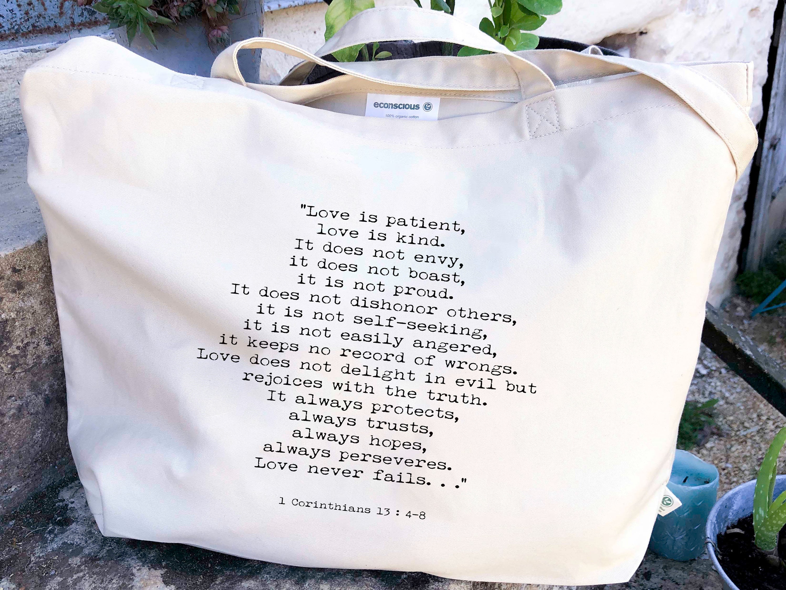 Love Never Fails Tote Bag I Corinthians 13 - BookQuoteDecor