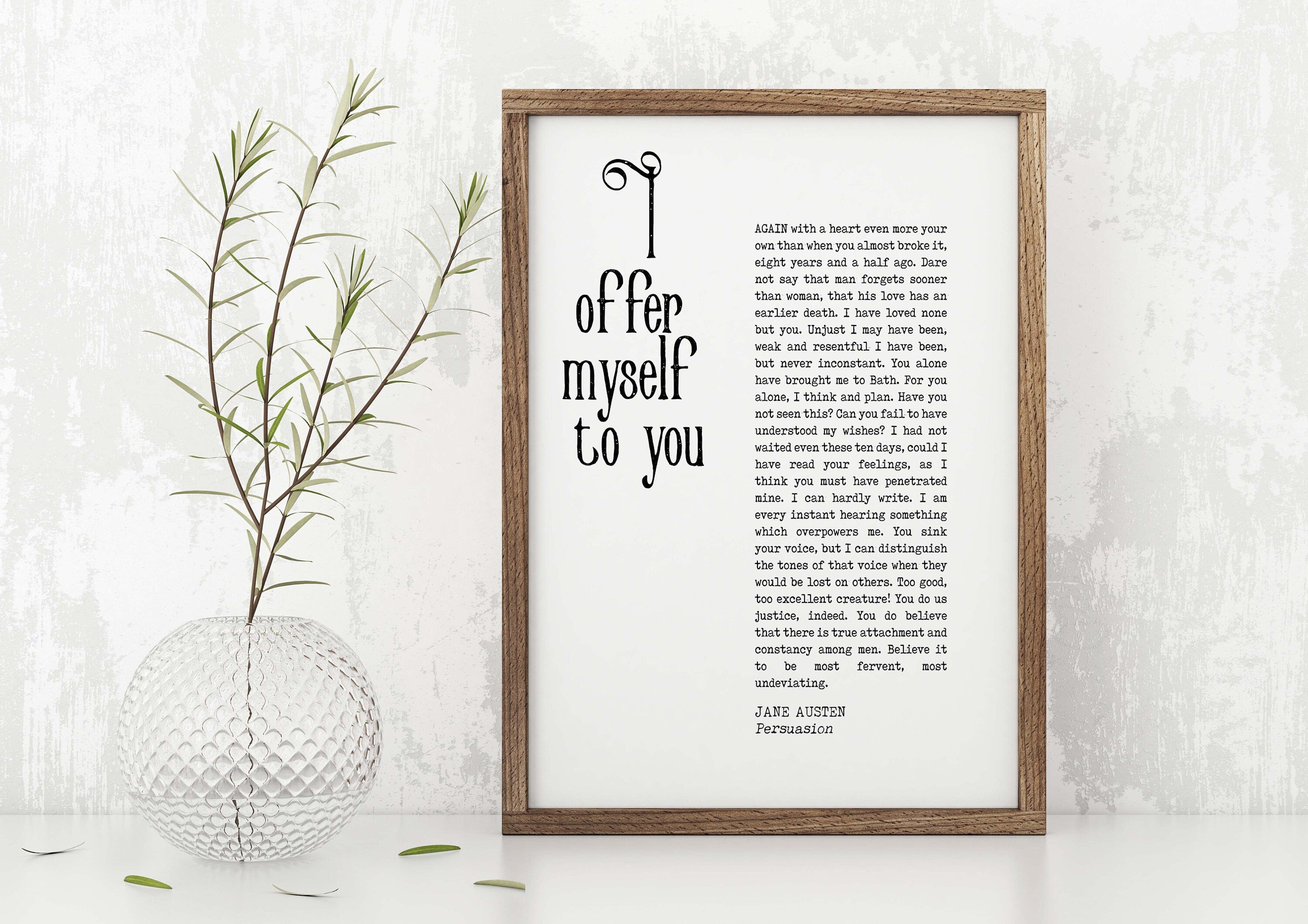 I Offer Myself To You Jane Austen Quote Wall Art Prints, Unframed Persuasion Book Quote Decor in Black & White