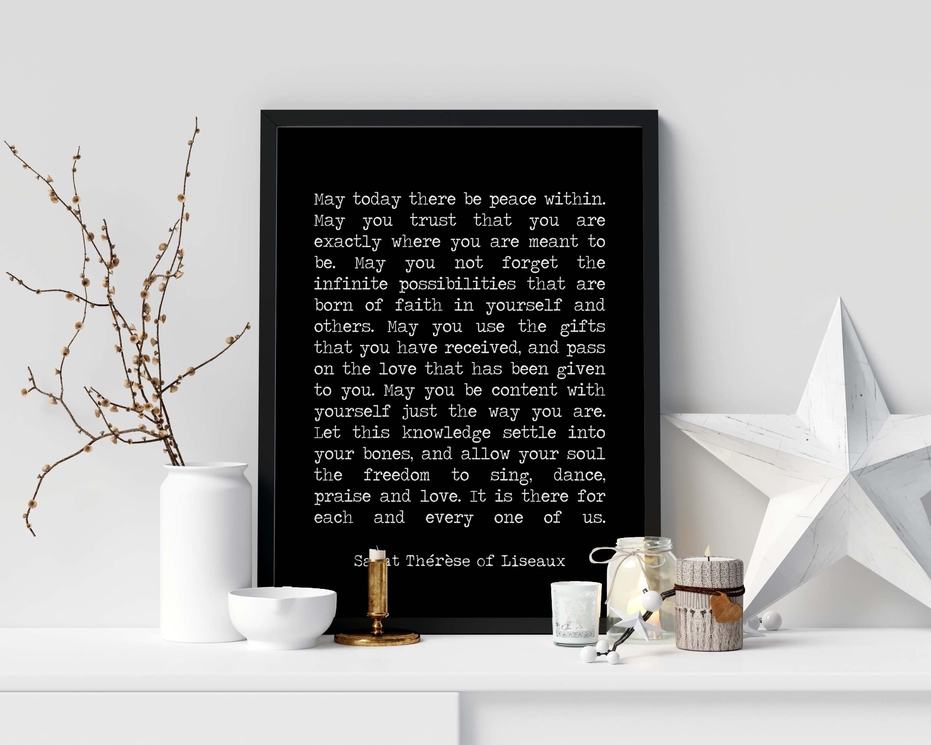 St Therese of Lisieux Peace Quote Print in Black & White, May Today There Be Peace Within Unframed Inspirational Quote Wall Art Print - BookQuoteDecor