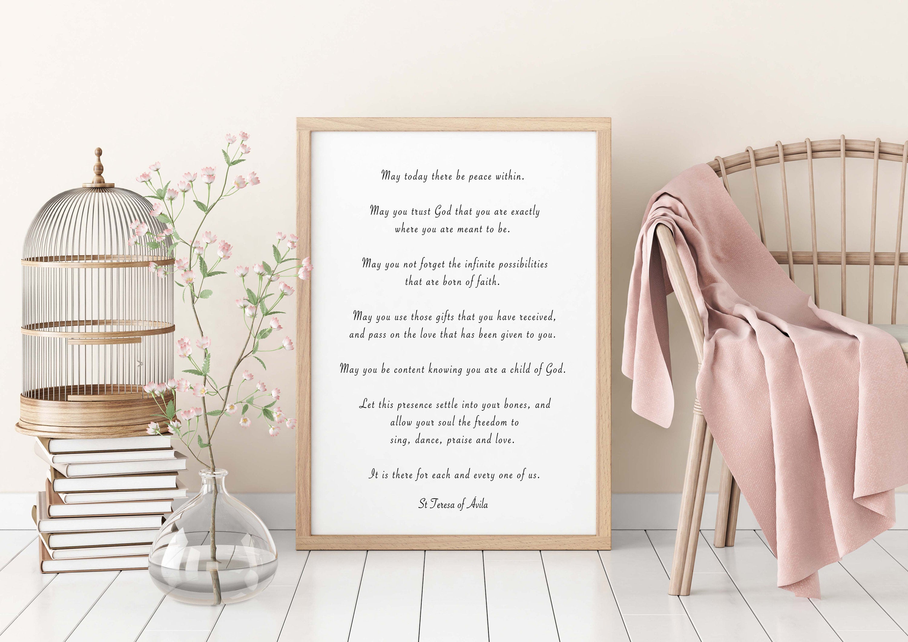 St. Teresa Of Avila Peace Quote Print in Black & White, May Today There Be Peace Within Inspirational Quote Wall Art Print