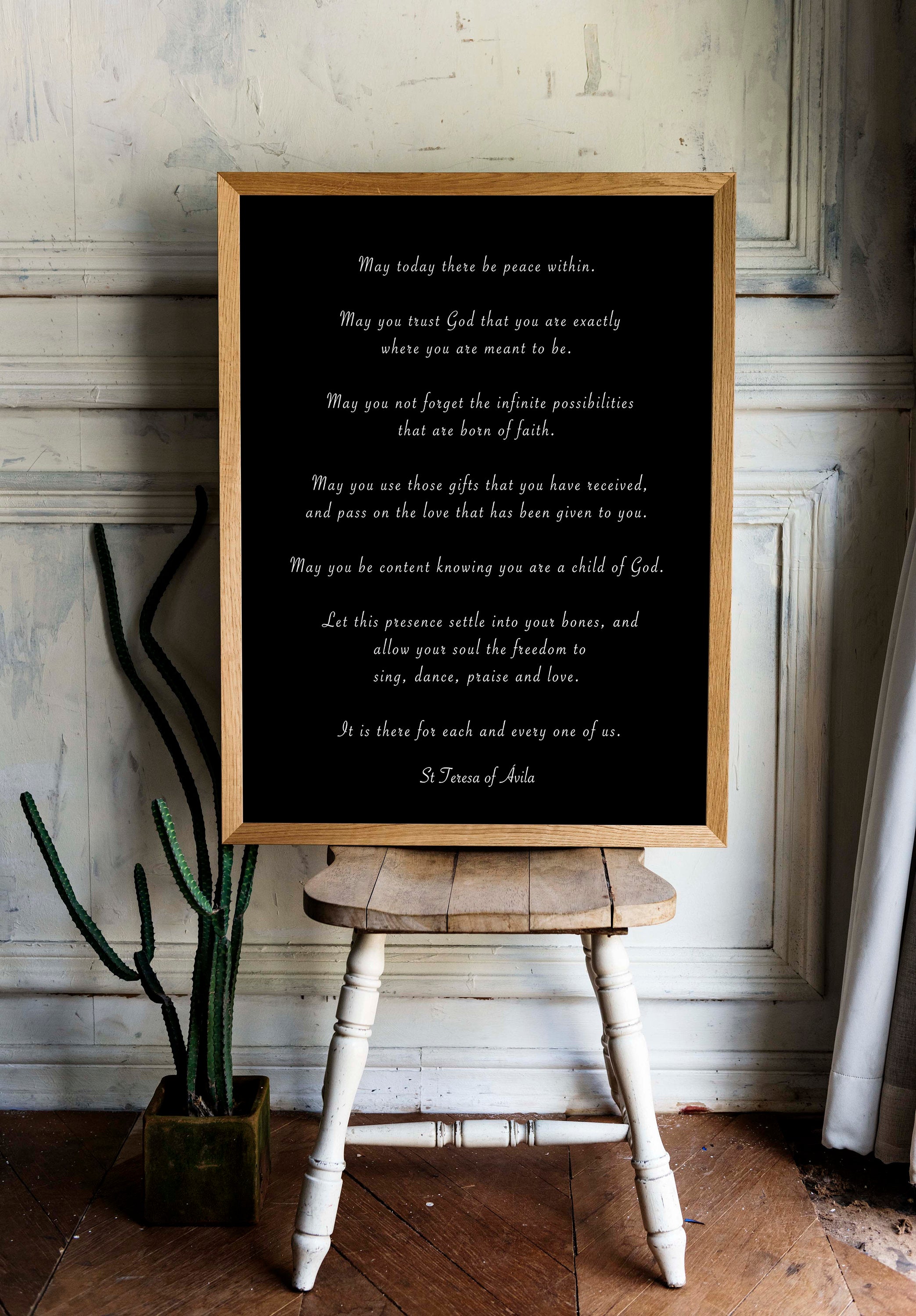 St. Teresa Of Avila Peace Quote Print in Black & White, May Today There Be Peace Within Inspirational Quote Wall Art Print