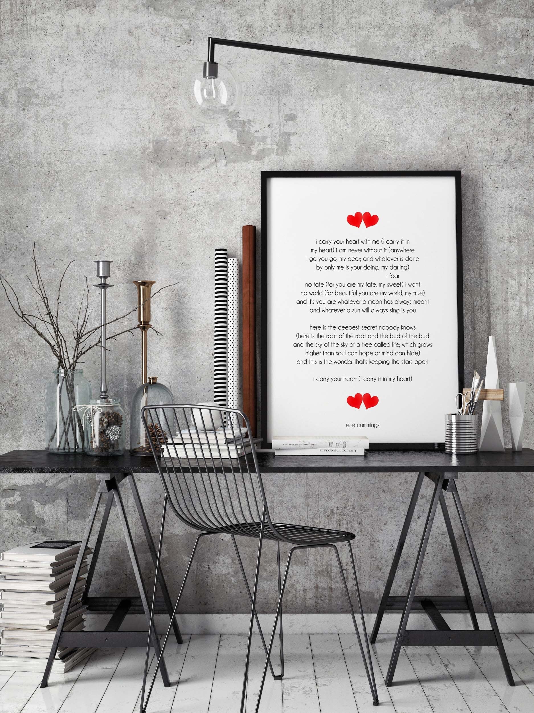 i carry your heart with me e.e. cummings unframed poem print, personalised i carry it in my heart poetry wall art