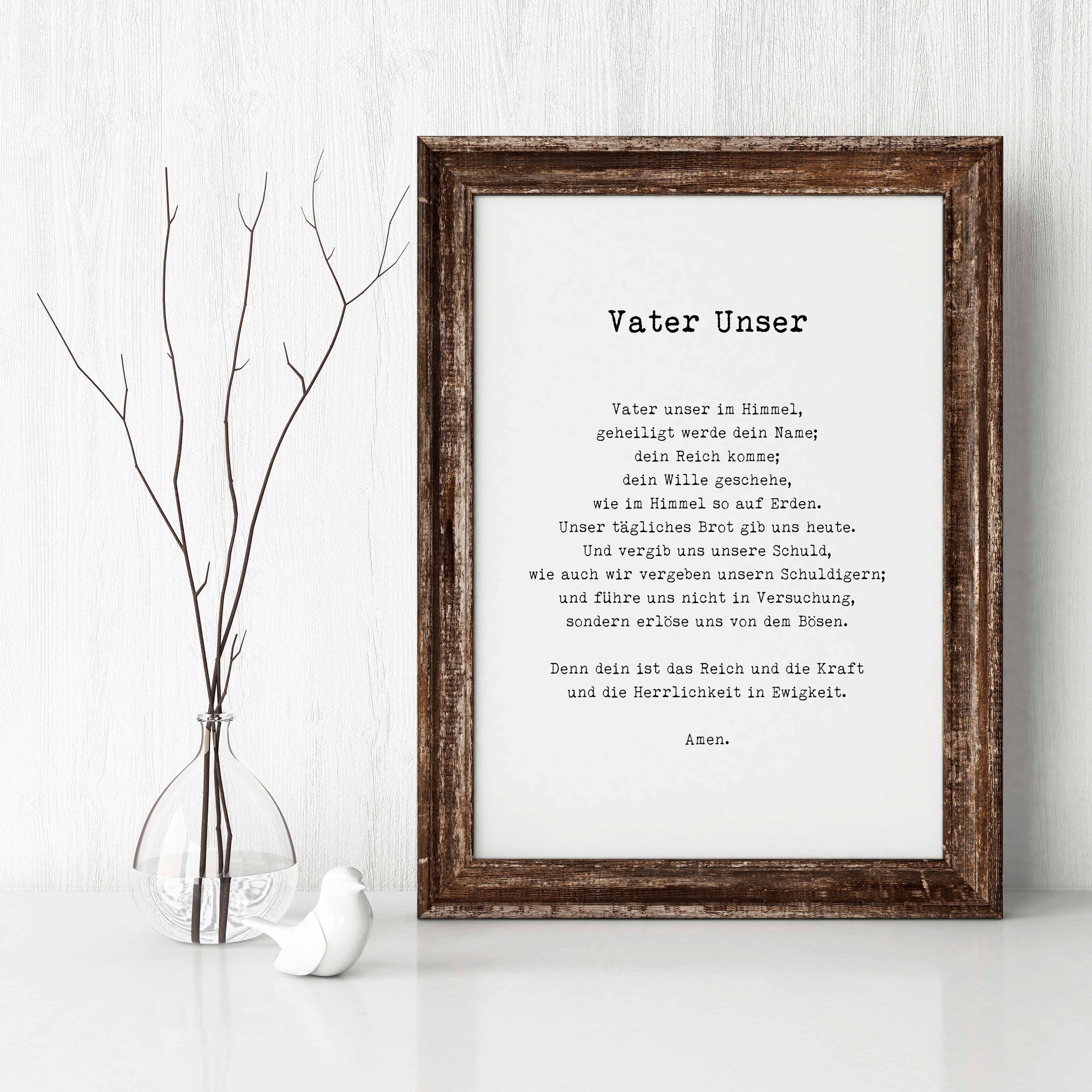 German LORD's Prayer Unframed and Framed Quote Print in Vintage Style, Vater Unser Our Father Prayer Christian Wall Art Inspirational Quote